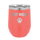 Personalized coral 12 oz vacuum insulated wine cup with 'Cat Dog Mom Dad 1 paw' design