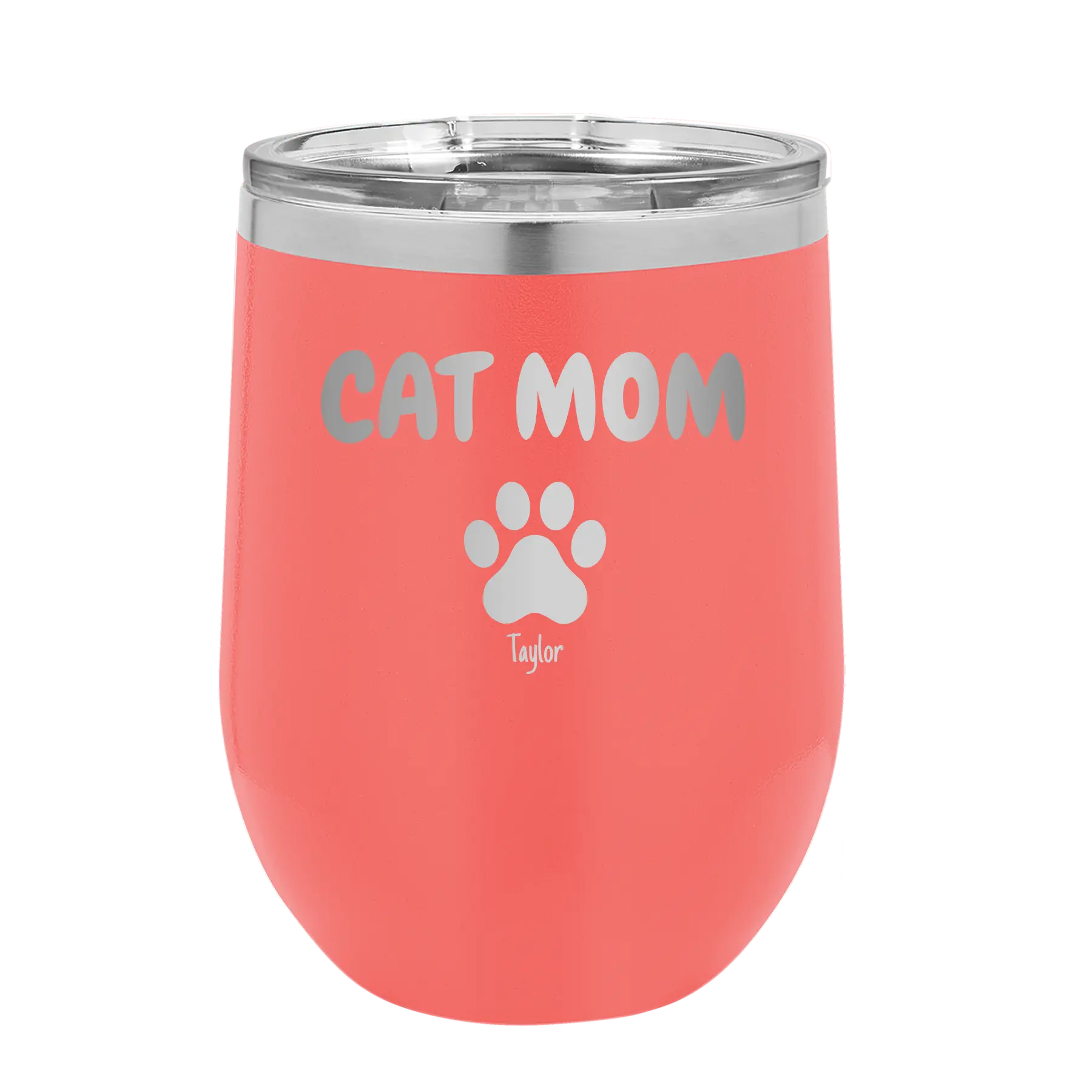 Personalized coral 12 oz vacuum insulated wine cup with 'Cat Dog Mom Dad 1 paw' design