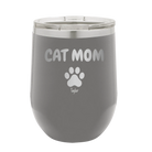 Personalized dark gray 12 oz vacuum insulated wine cup with 'Cat Dog Mom Dad 1 paw' design