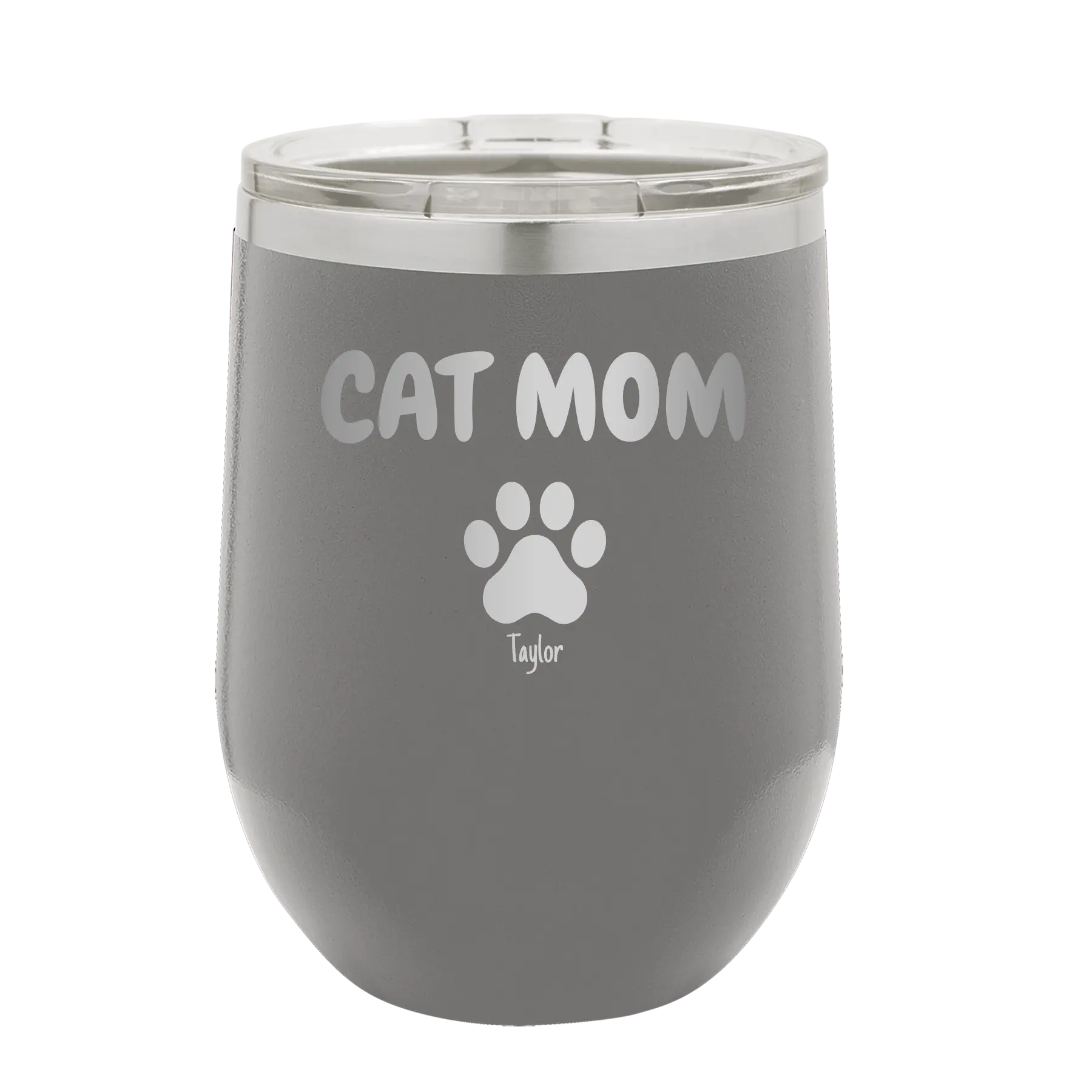 Personalized dark gray 12 oz vacuum insulated wine cup with 'Cat Dog Mom Dad 1 paw' design