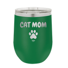 Personalized green 12 oz vacuum insulated wine cup with 'Cat Dog Mom Dad 1 paw' design