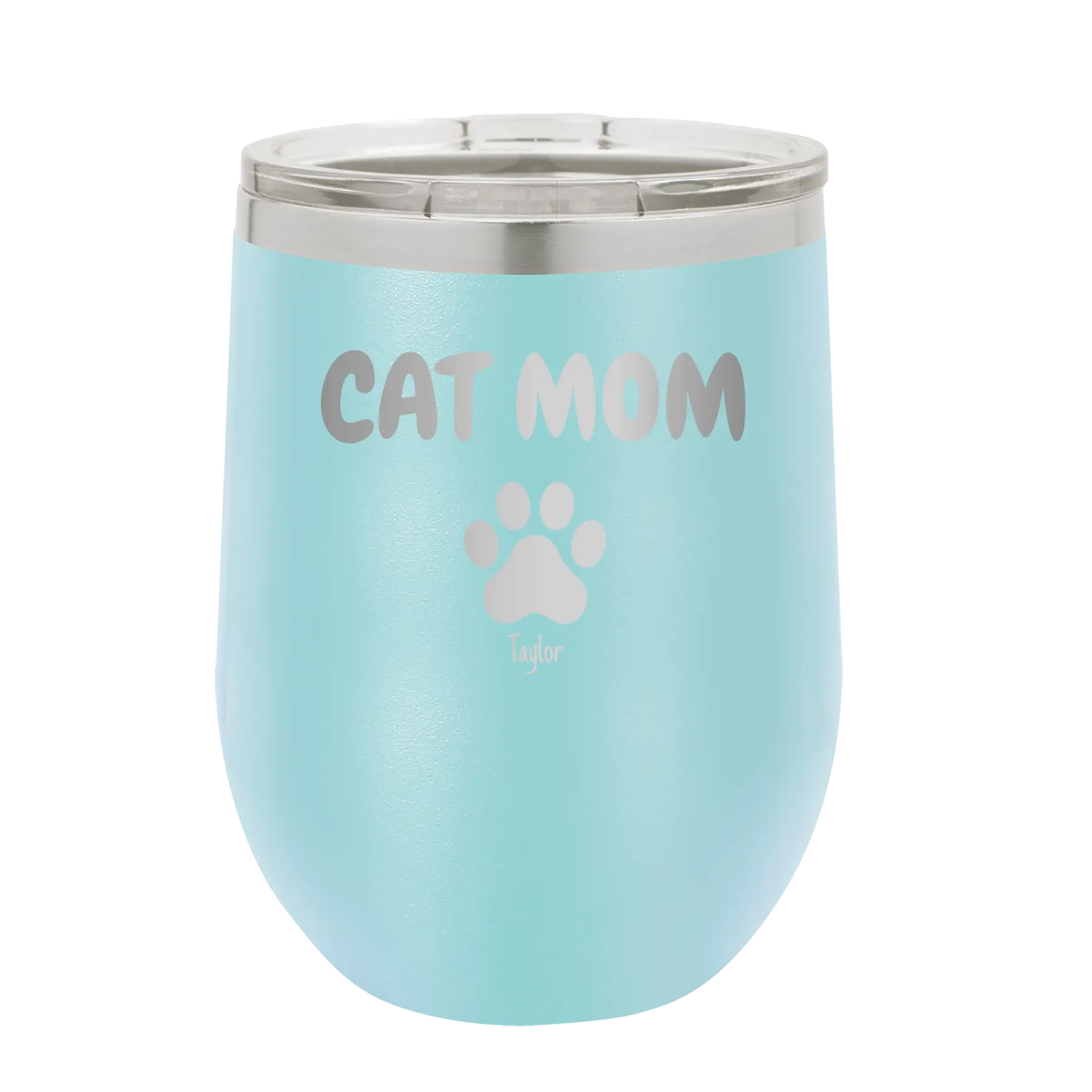 Personalized light blue 12 oz vacuum insulated wine cup with 'Cat Dog Mom Dad 1 paw' design