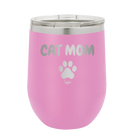 Personalized light purple 12 oz vacuum insulated wine cup with 'Cat Dog Mom Dad 1 paw' design