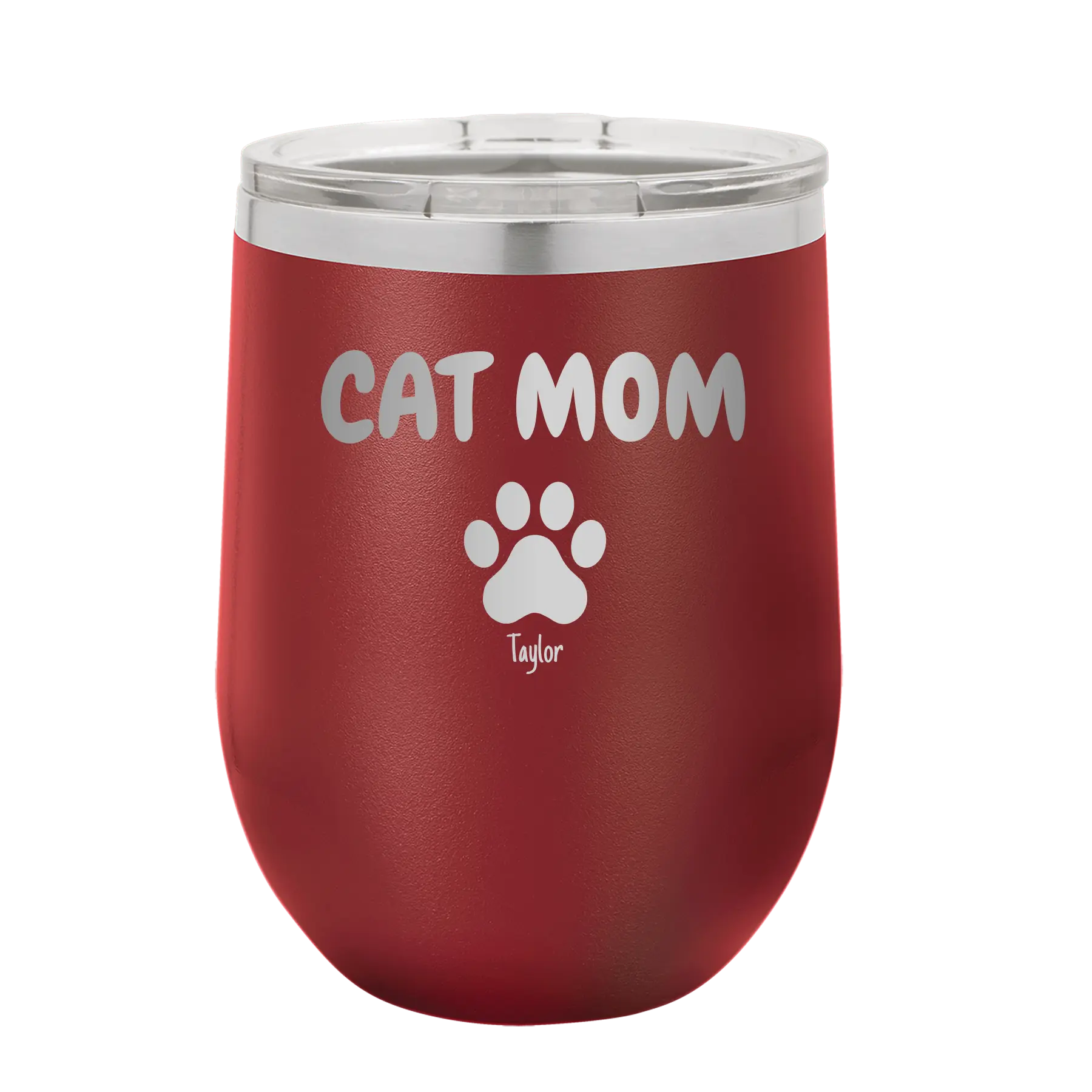 Personalized maroon 12 oz vacuum insulated wine cup with 'Cat Dog Mom Dad 1 paw' design