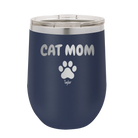 Personalized navy 12 oz vacuum insulated wine cup with 'Cat Dog Mom Dad 1 paw' design