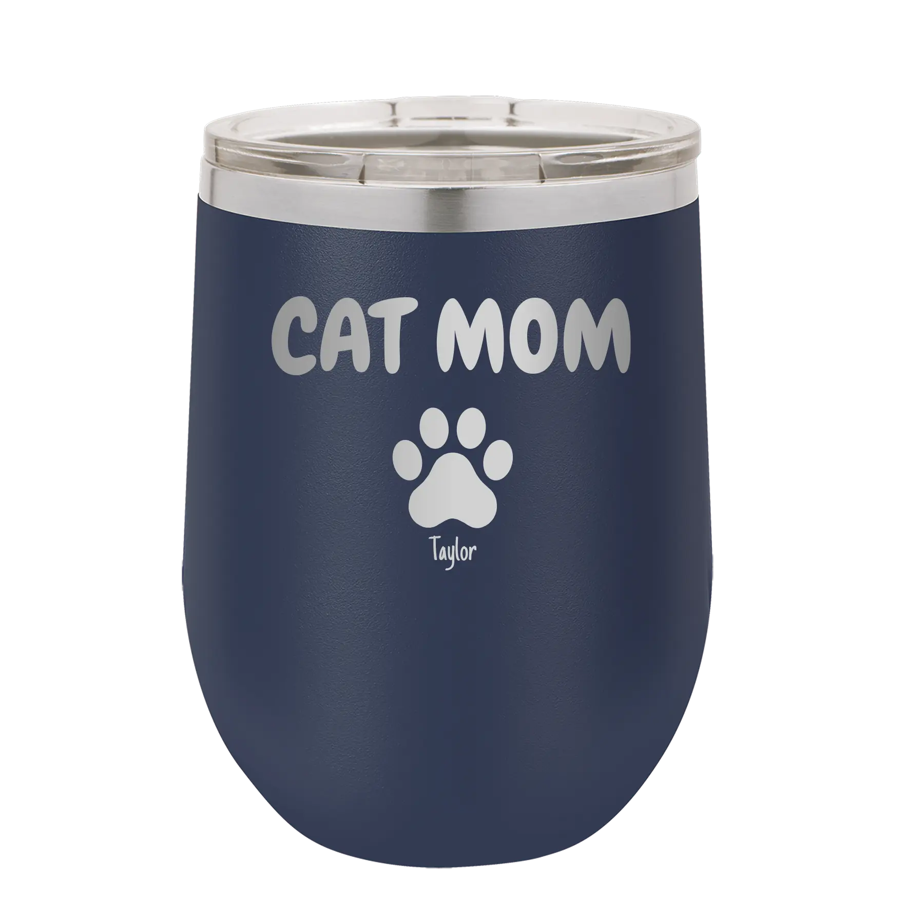 Personalized navy 12 oz vacuum insulated wine cup with 'Cat Dog Mom Dad 1 paw' design