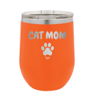 Personalized orange 12 oz vacuum insulated wine cup with 'Cat Dog Mom Dad 1 paw' design