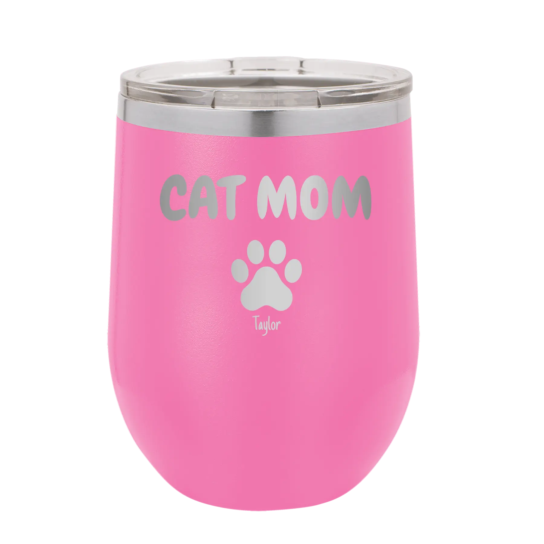 Personalized pink 12 oz vacuum insulated wine cup with 'Cat Dog Mom Dad 1 paw' design