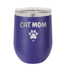 Personalized purple 12 oz vacuum insulated wine cup with 'Cat Dog Mom Dad 1 paw' design