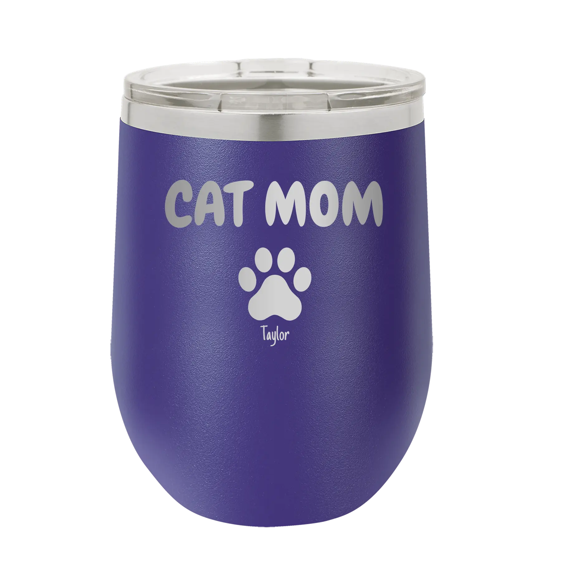 Personalized purple 12 oz vacuum insulated wine cup with 'Cat Dog Mom Dad 1 paw' design
