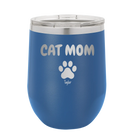Personalized royal blue 12 oz vacuum insulated wine cup with 'Cat Dog Mom Dad 1 paw' design