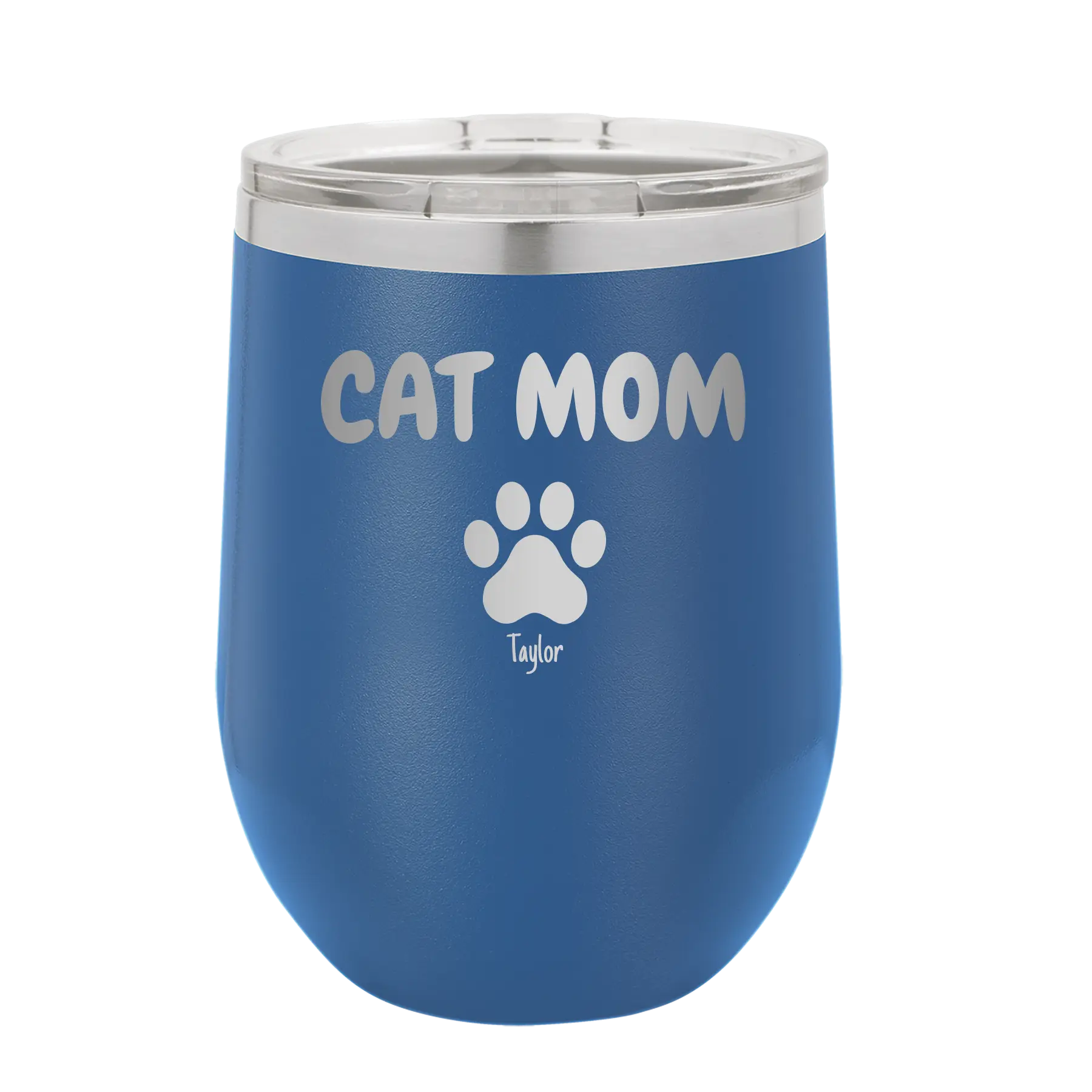 Personalized royal blue 12 oz vacuum insulated wine cup with 'Cat Dog Mom Dad 1 paw' design