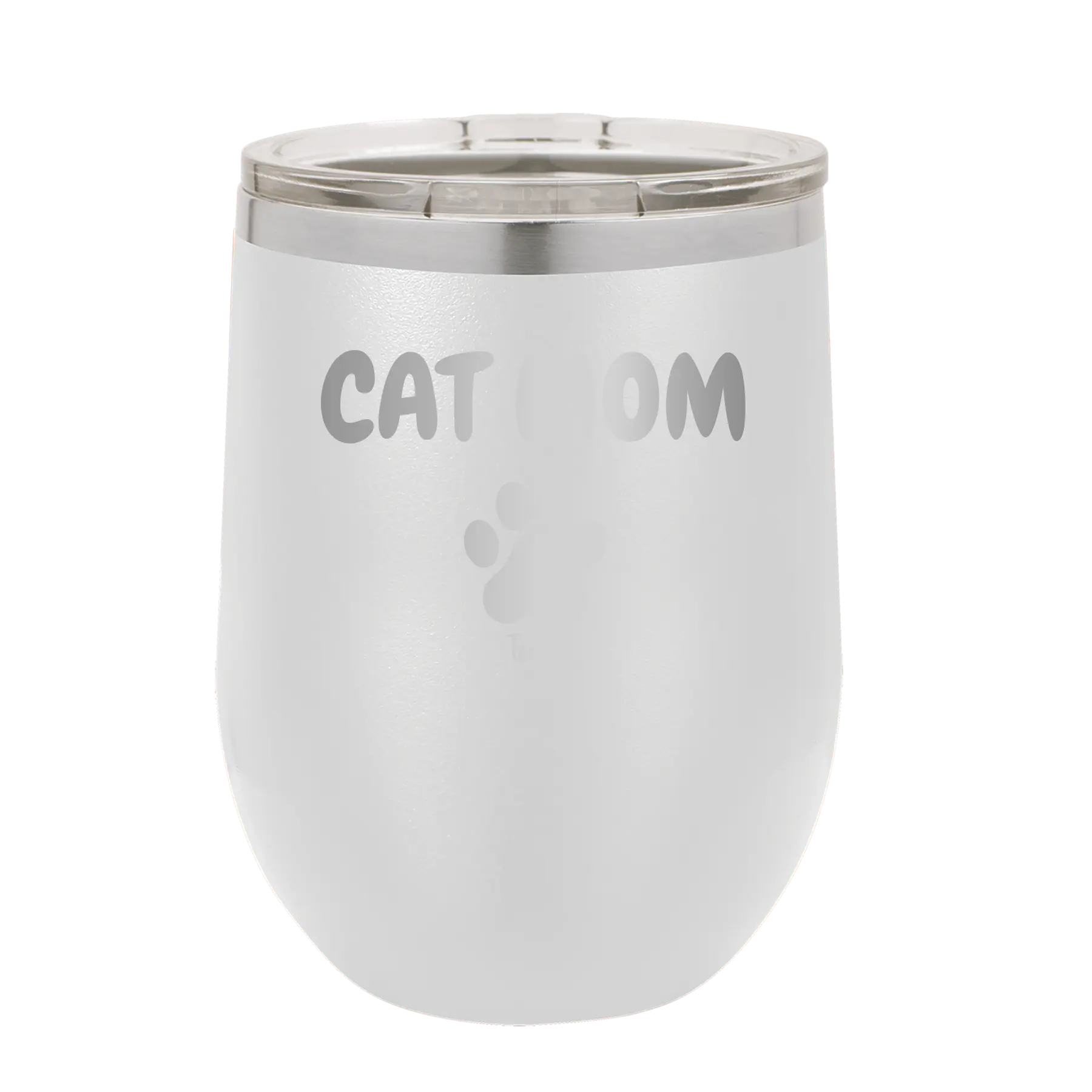 Personalized white 12 oz vacuum insulated wine cup with 'Cat Dog Mom Dad 1 paw' design