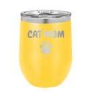 Personalized yellow 12 oz vacuum insulated wine cup with 'Cat Dog Mom Dad 1 paw' design