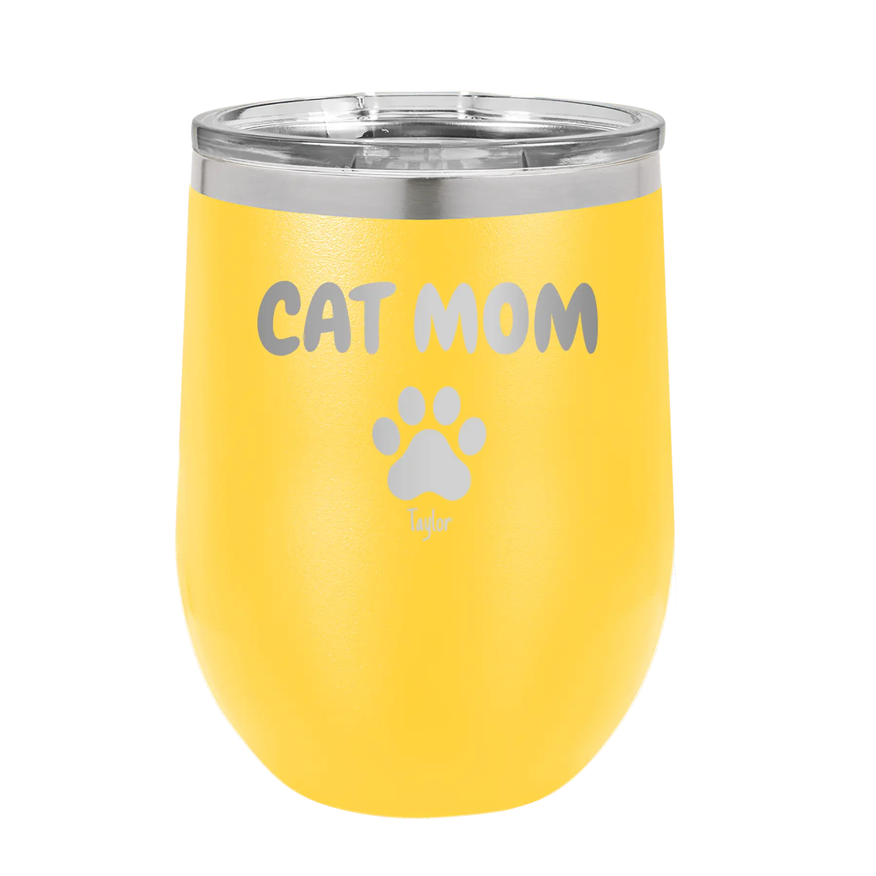 Personalized yellow 12 oz vacuum insulated wine cup with 'Cat Dog Mom Dad 1 paw' design