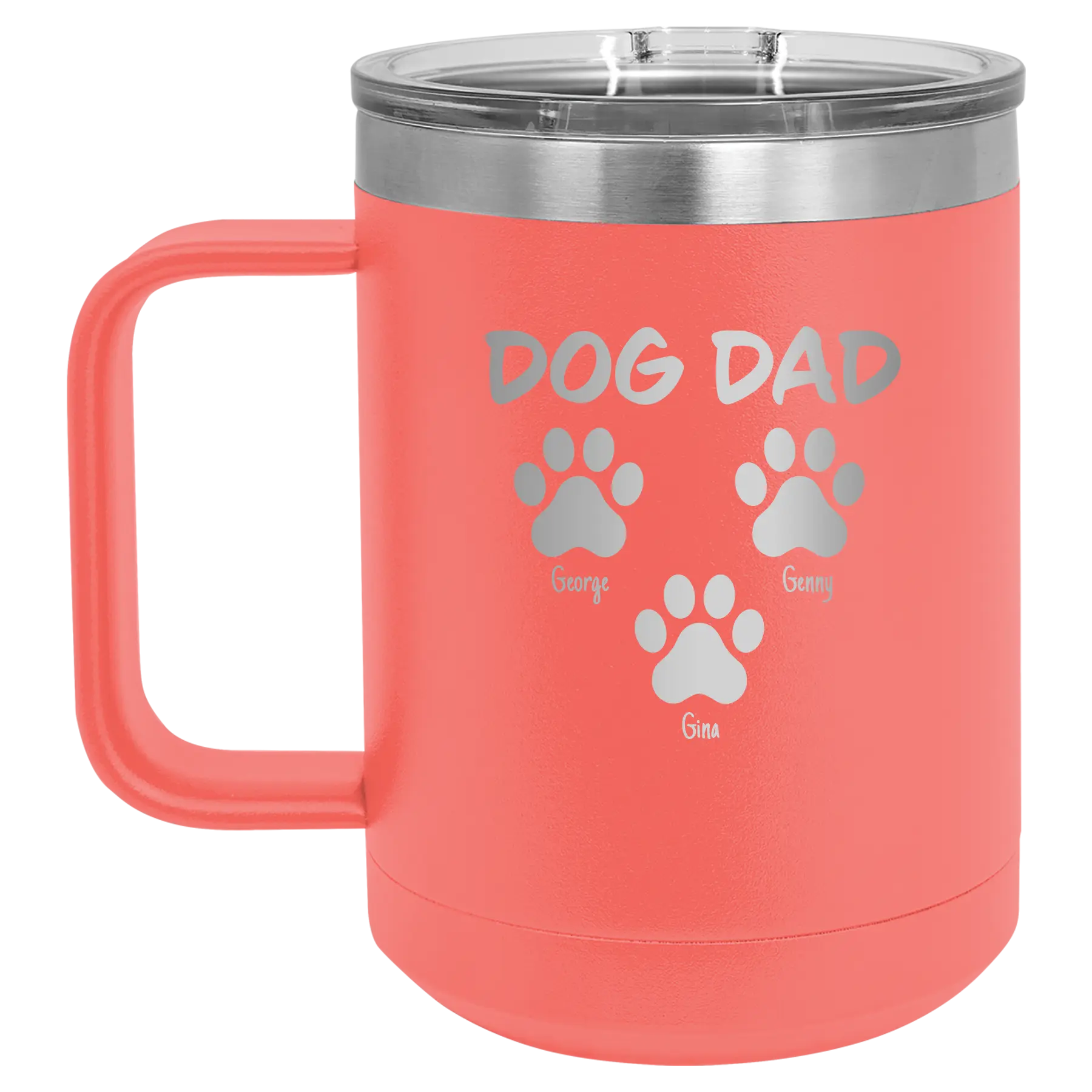 Personalized coral 15 oz vacuum insulated coffee mug with 'Cat Dog Mom Dad 3 paws' design