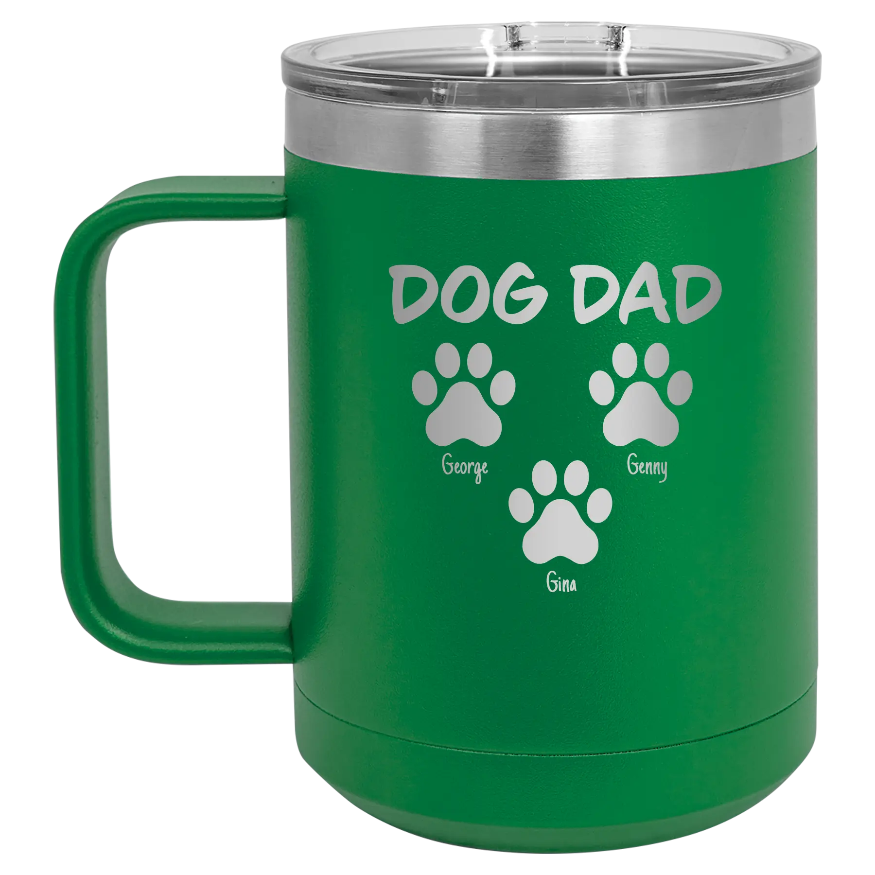 Personalized green 15 oz vacuum insulated coffee mug with 'Cat Dog Mom Dad 3 paws' design