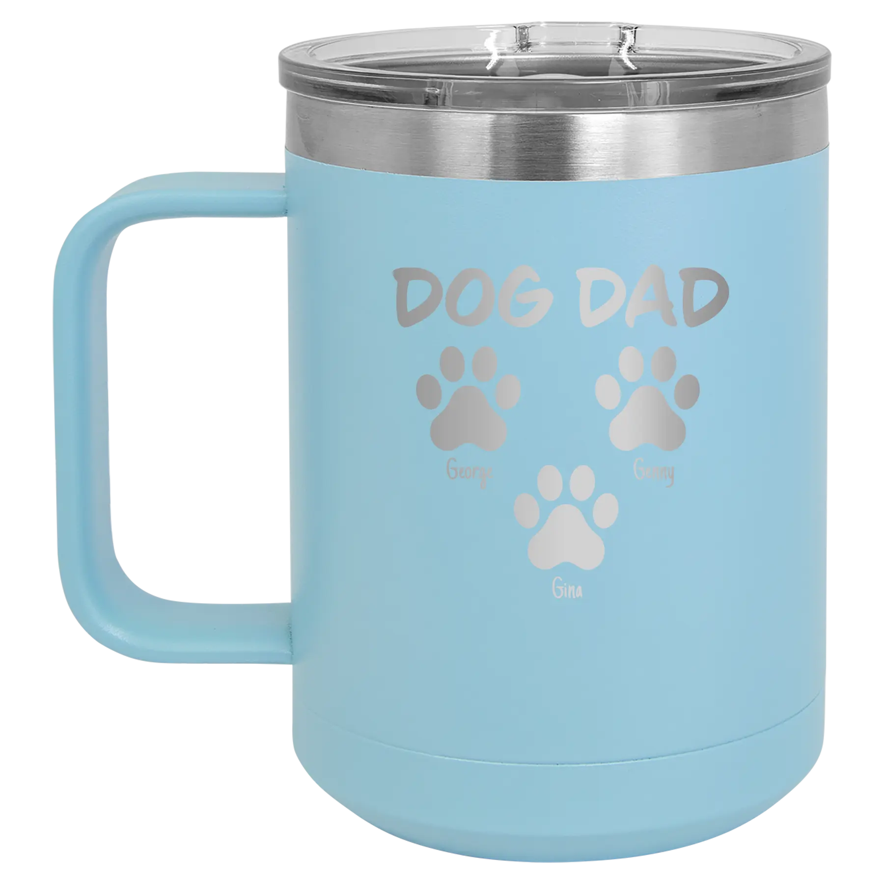 Personalized light blue 15 oz vacuum insulated coffee mug with 'Cat Dog Mom Dad 3 paws' design