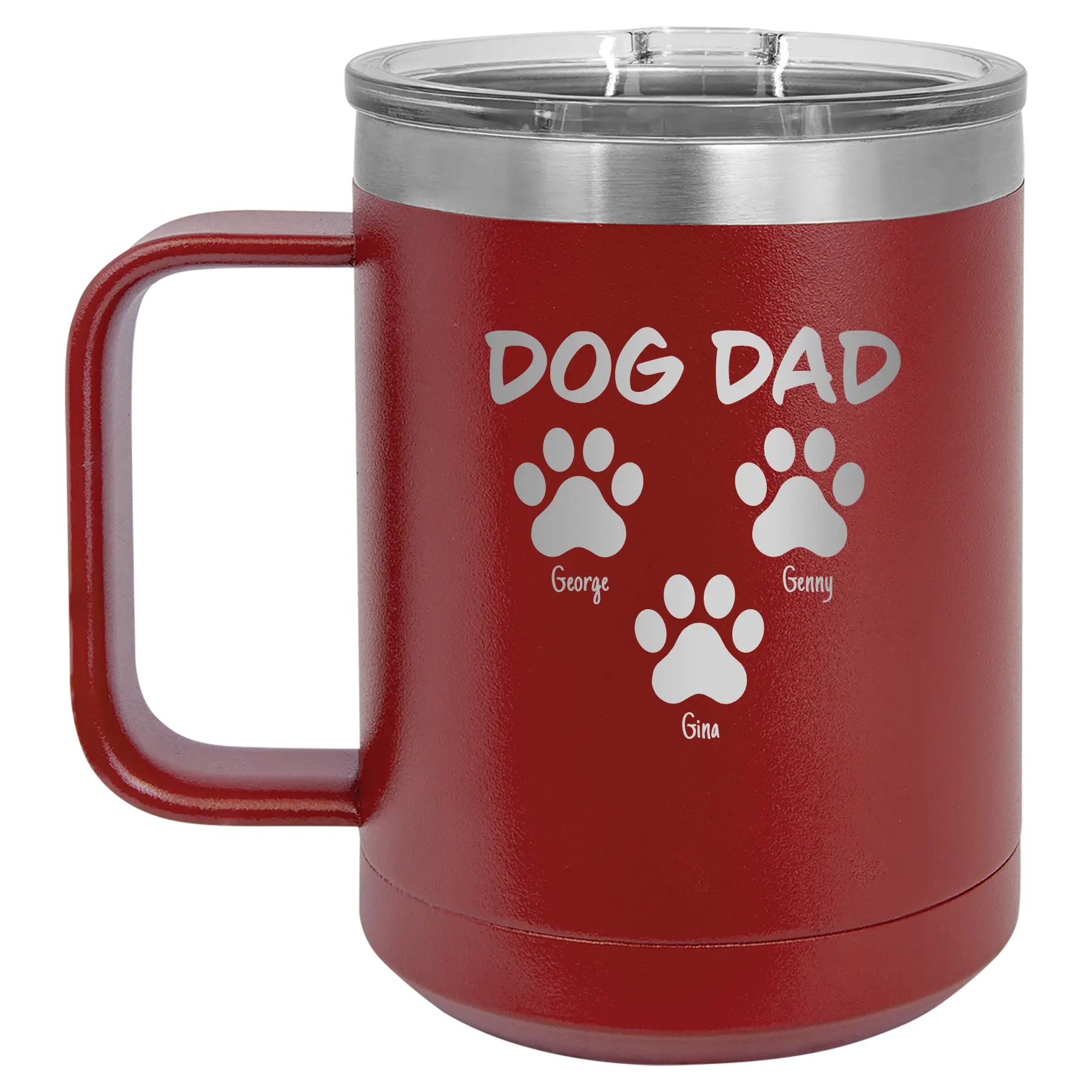 Personalized maroon 15 oz vacuum insulated coffee mug with 'Cat Dog Mom Dad 3 paws' design