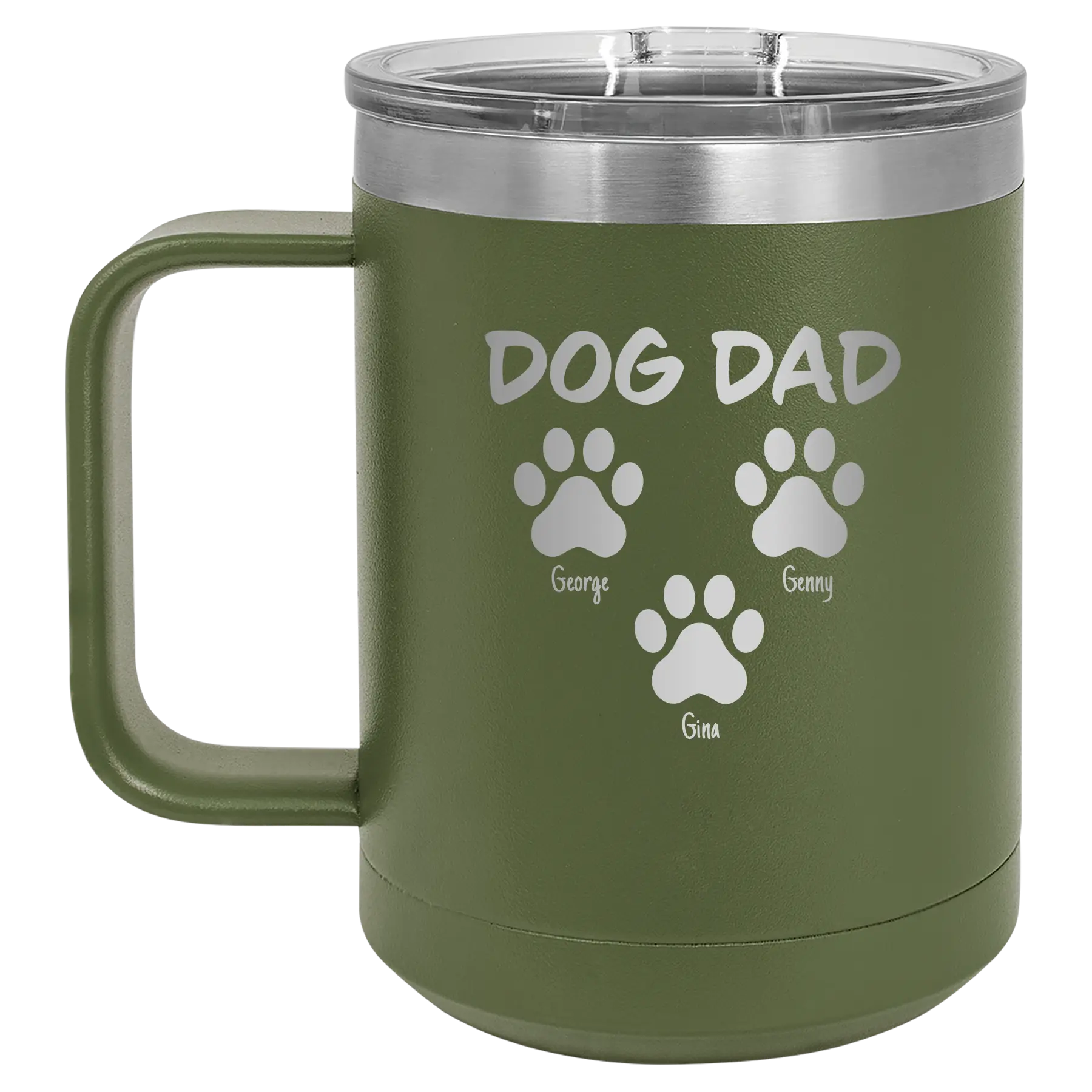 Personalized olive green 15 oz vacuum insulated coffee mug with 'Cat Dog Mom Dad 3 paws' design