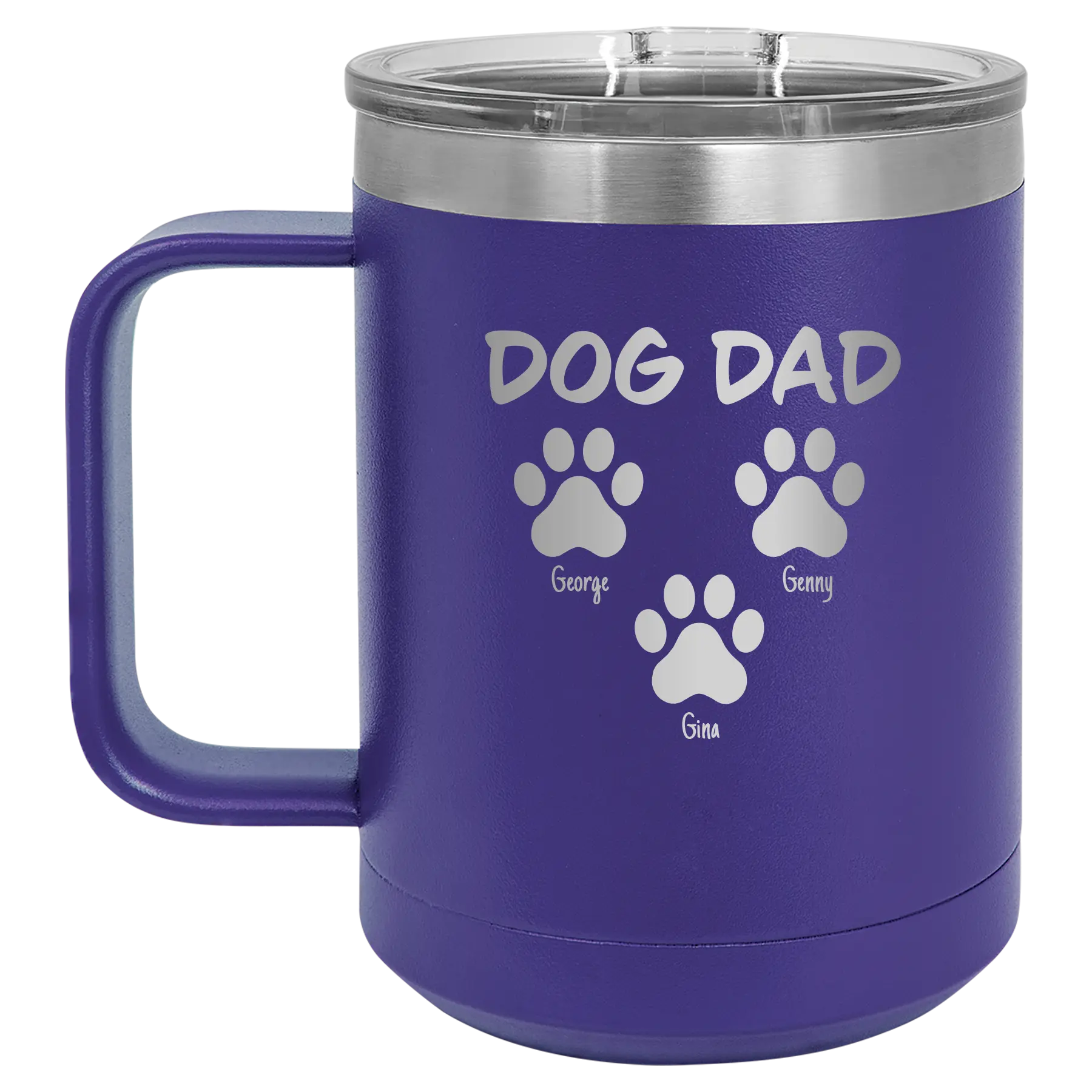 Personalized purple 15 oz vacuum insulated coffee mug with 'Cat Dog Mom Dad 3 paws' design