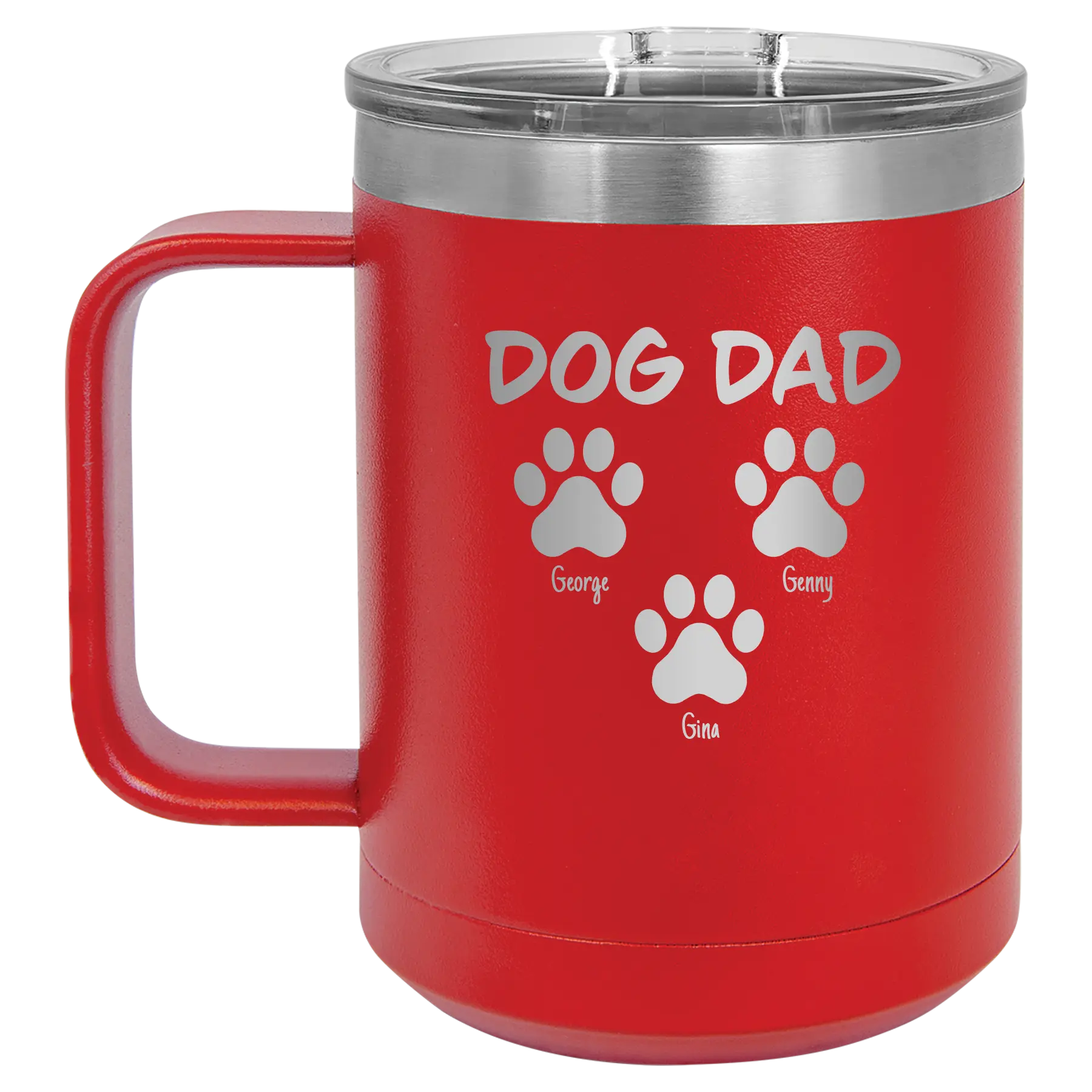 Personalized red 15 oz vacuum insulated coffee mug with 'Cat Dog Mom Dad 3 paws' design