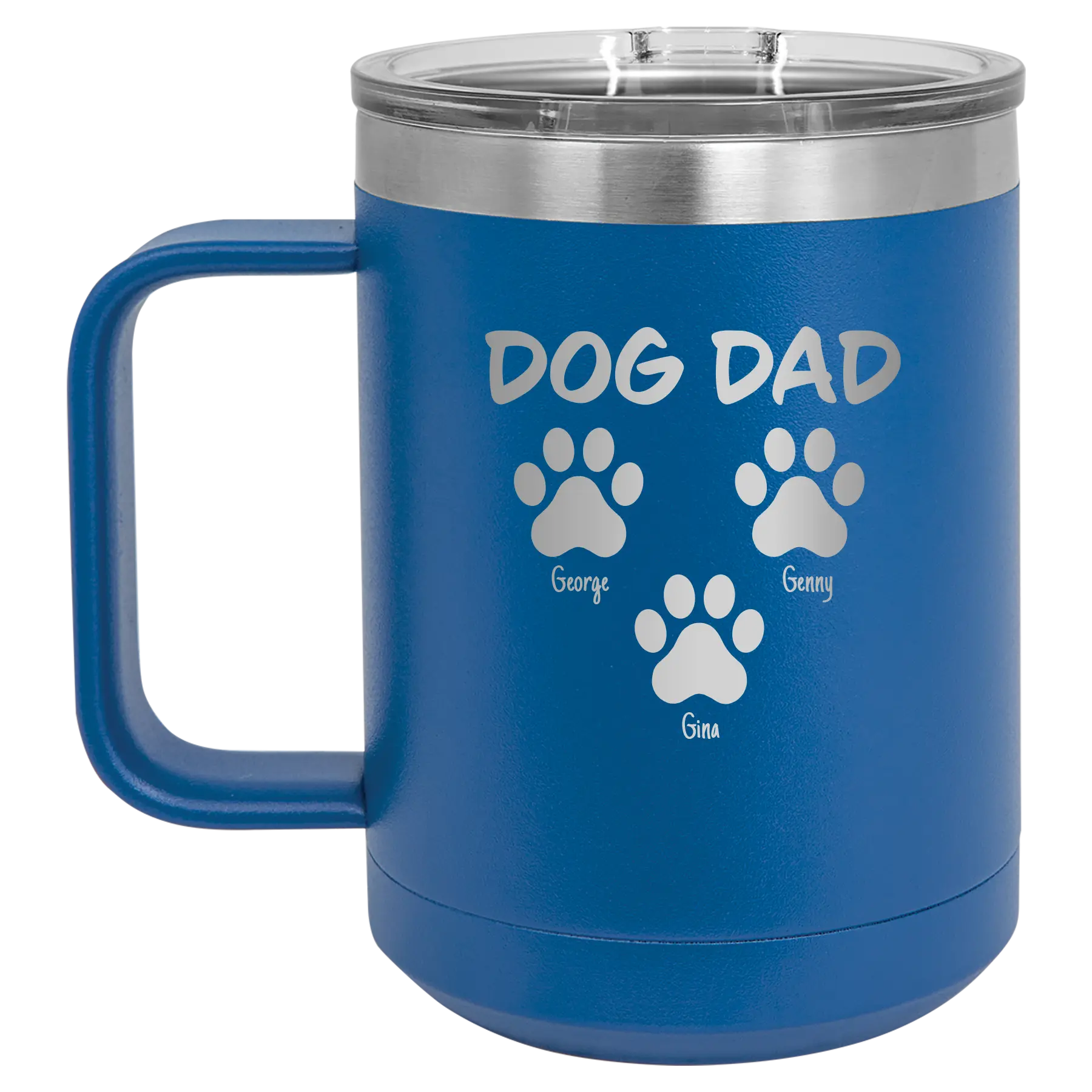 Personalized royal blue 15 oz vacuum insulated coffee mug with 'Cat Dog Mom Dad 3 paws' design
