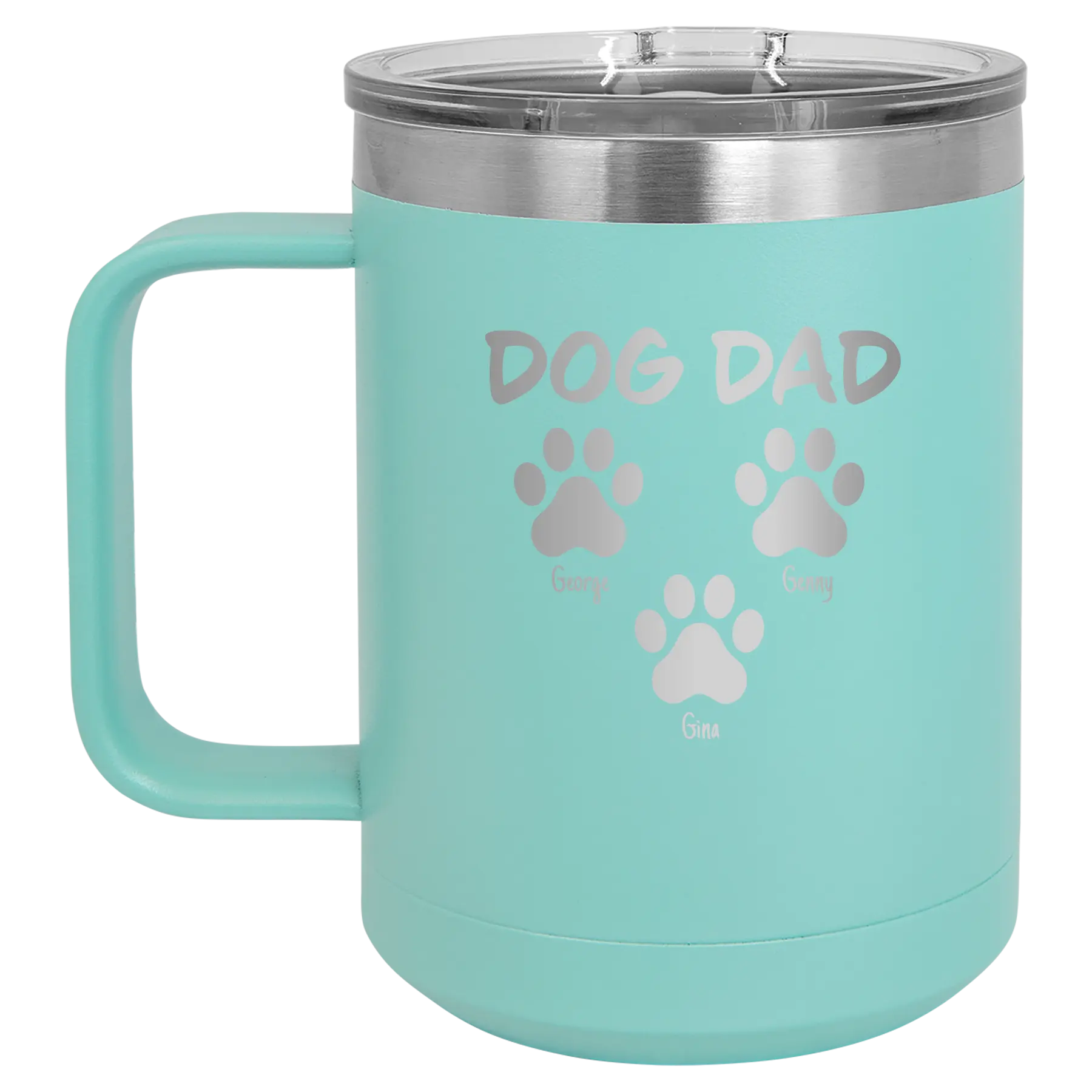 Personalized teal 15 oz vacuum insulated coffee mug with 'Cat Dog Mom Dad 3 paws' design