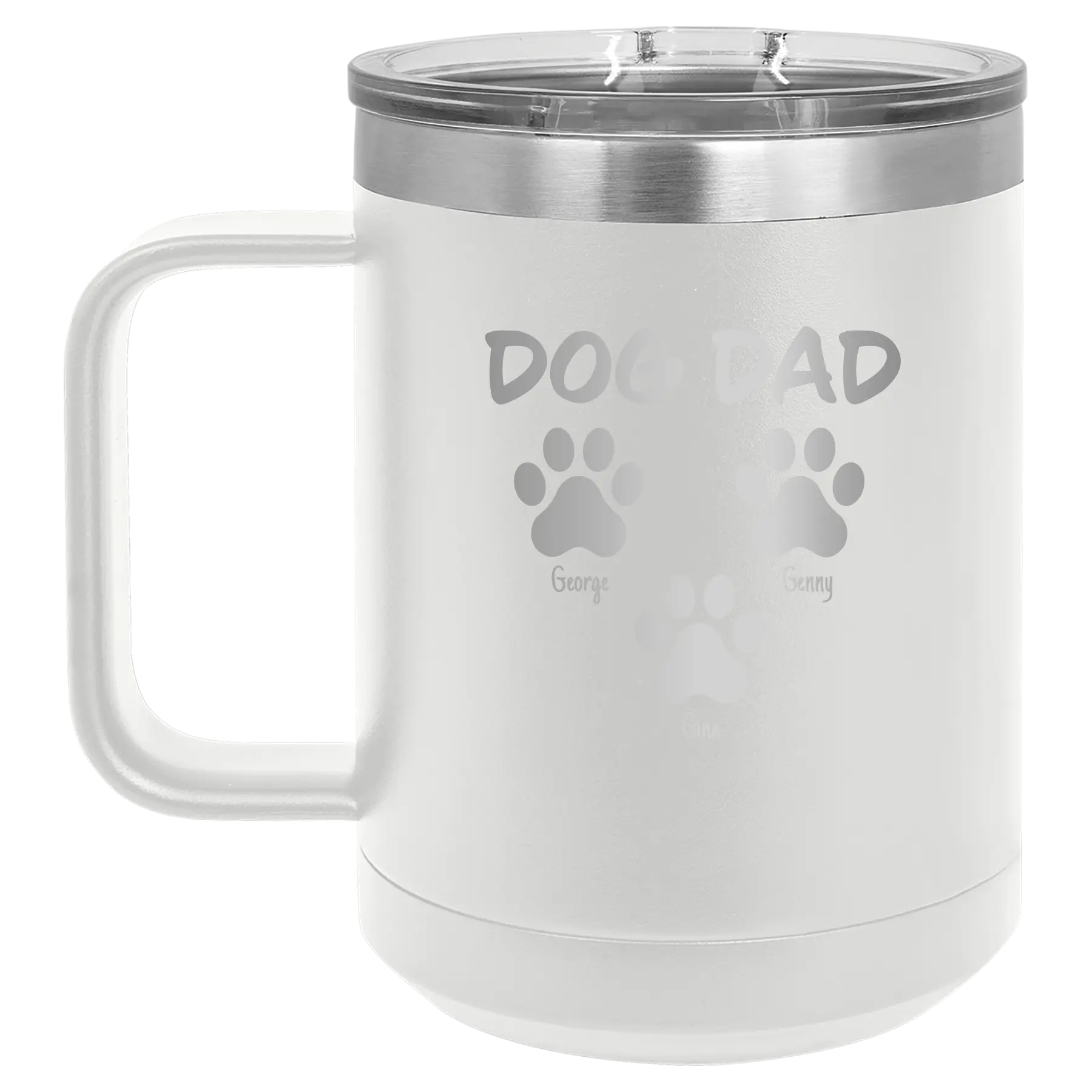 Personalized white 15 oz vacuum insulated coffee mug with 'Cat Dog Mom Dad 3 paws' design