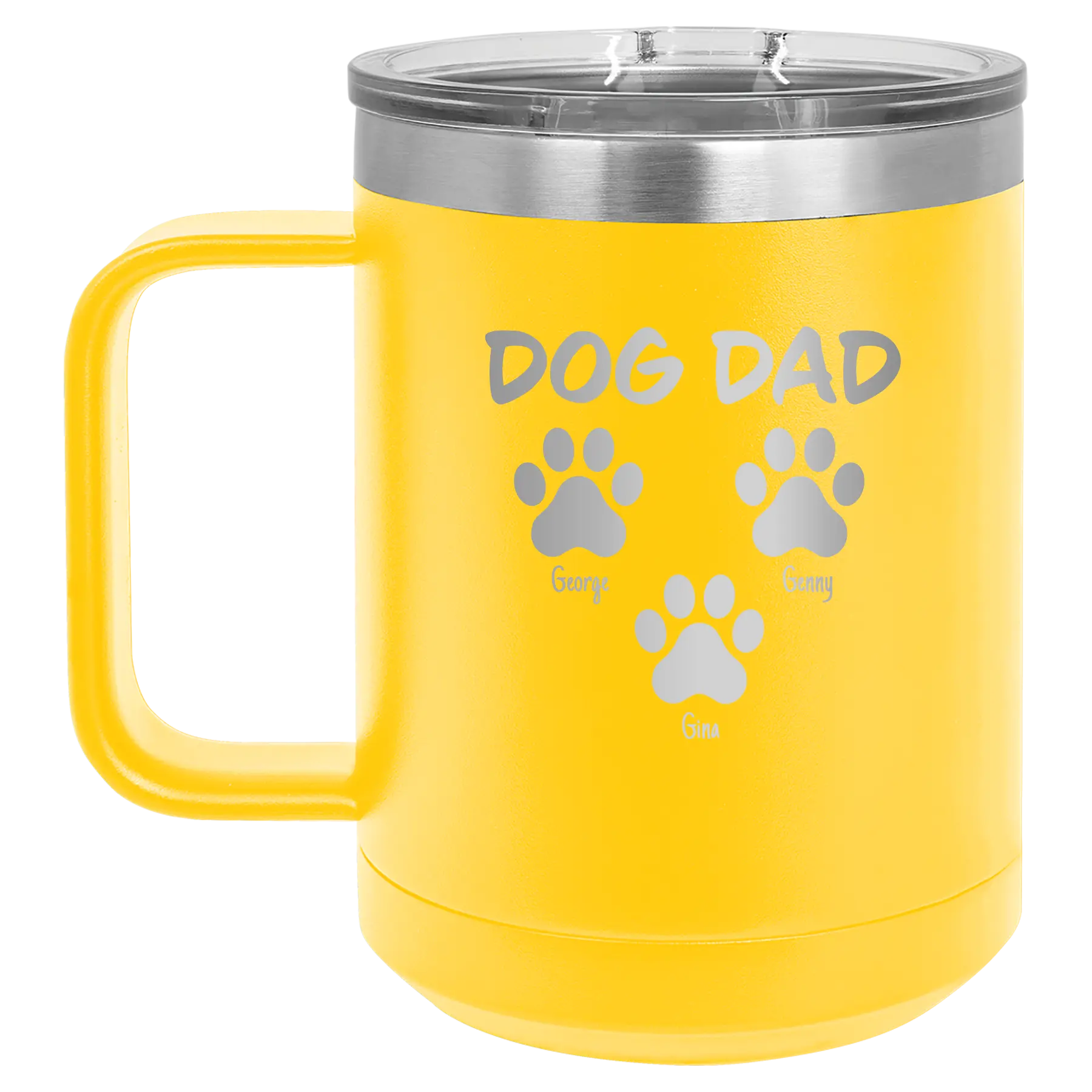 Personalized yellow 15 oz vacuum insulated coffee mug with 'Cat Dog Mom Dad 3 paws' design