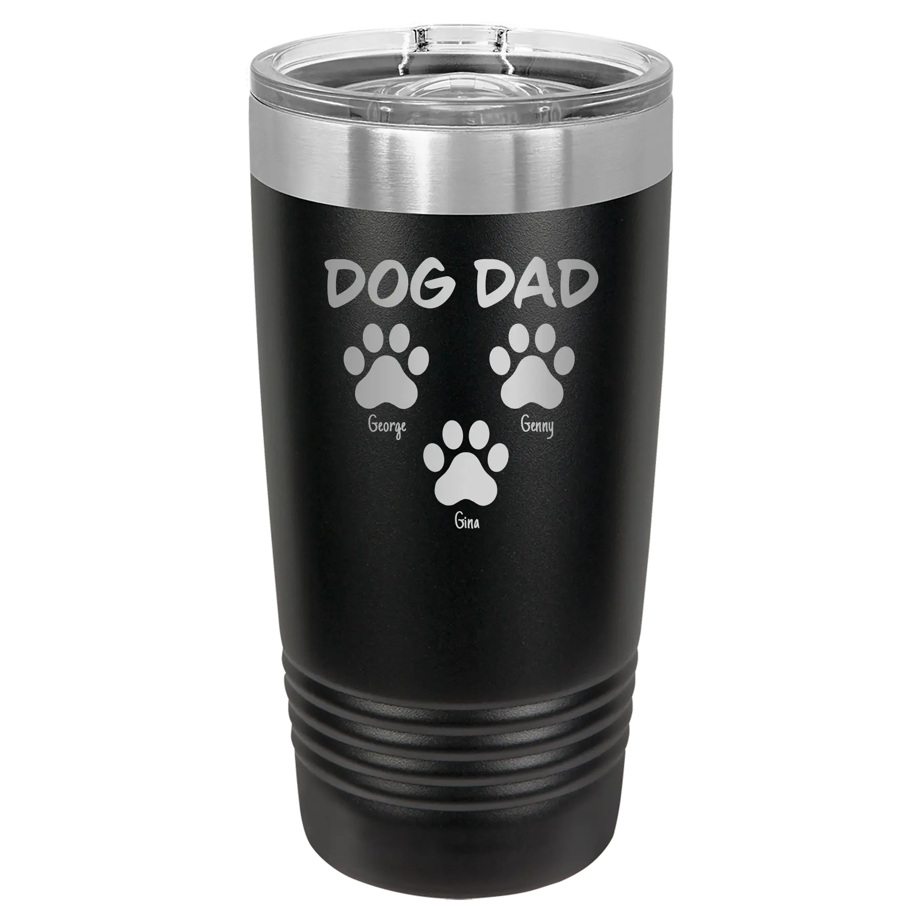 Personalized black 20 oz vacuum insulated tumbler with 'Cat Dog Mom Dad 3 paws' design