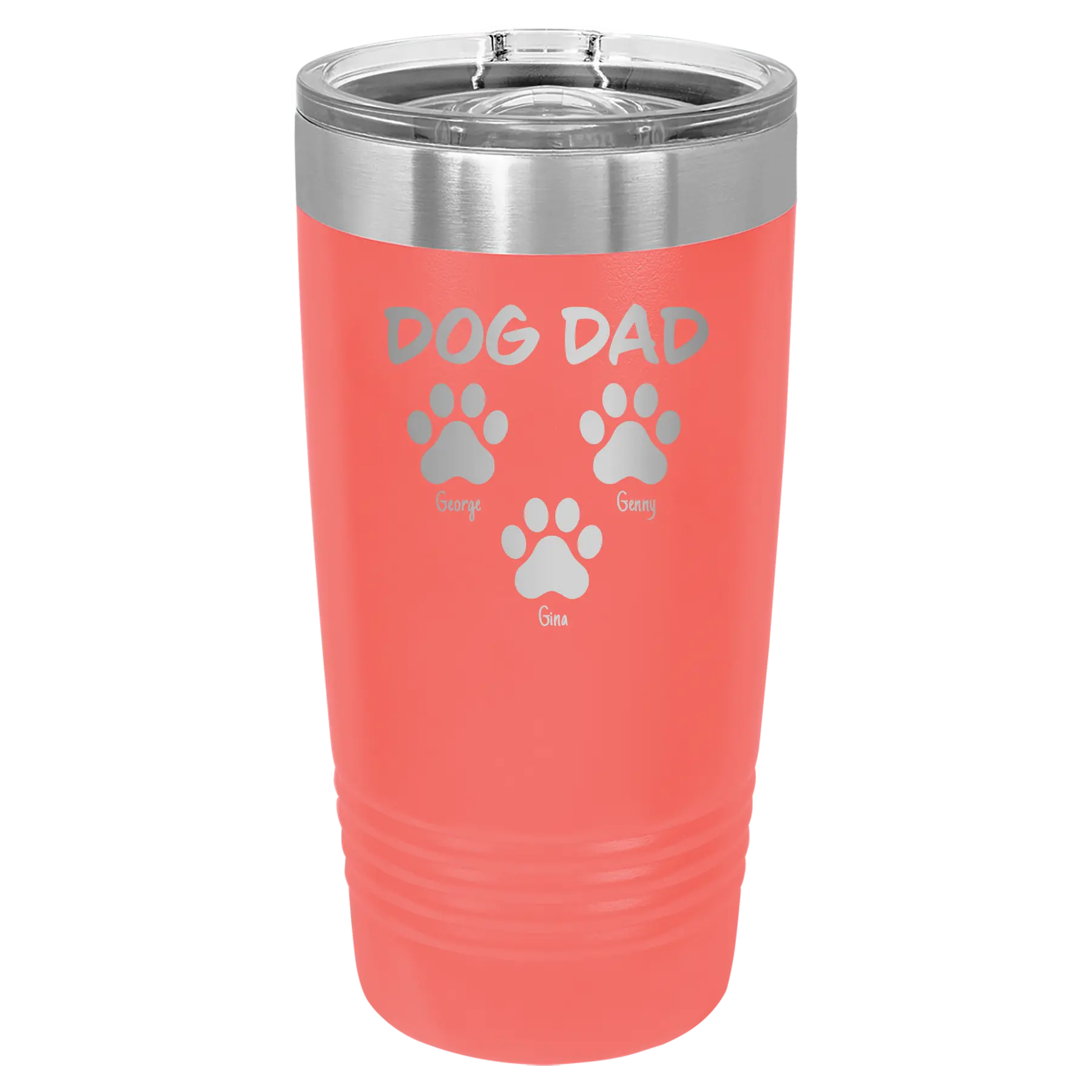 Personalized coral 20 oz vacuum insulated tumbler with 'Cat Dog Mom Dad 3 paws' design