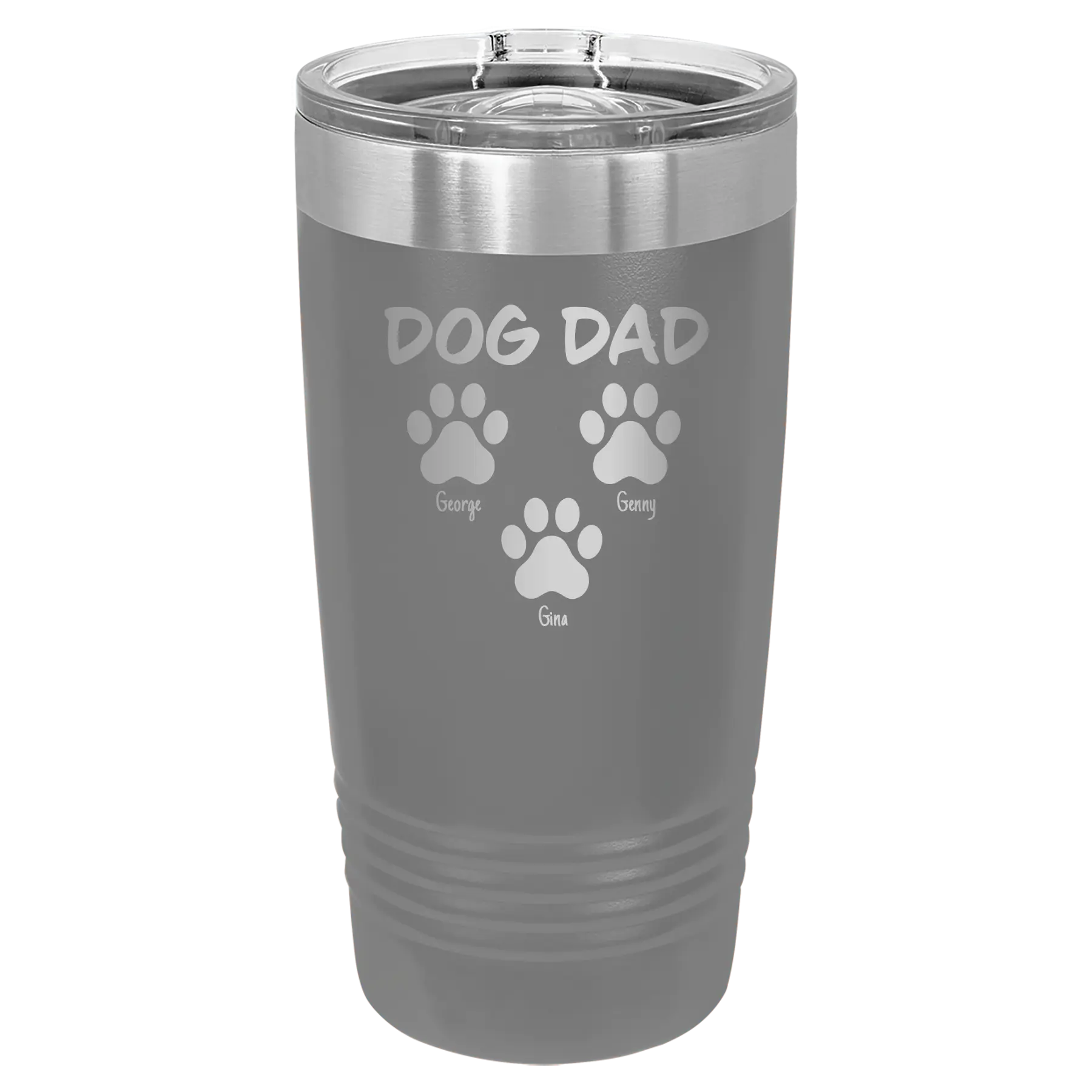 Personalized dark gray 20 oz vacuum insulated tumbler with 'Cat Dog Mom Dad 3 paws' design