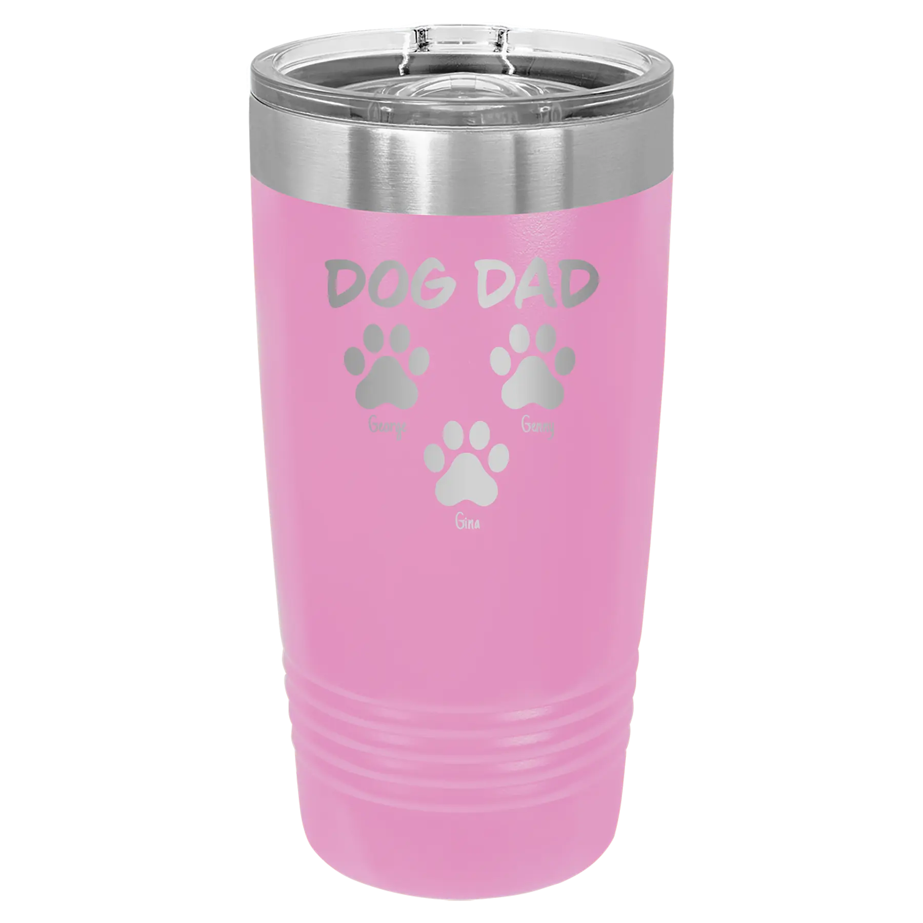 Personalized light purple 20 oz vacuum insulated tumbler with 'Cat Dog Mom Dad 3 paws' design