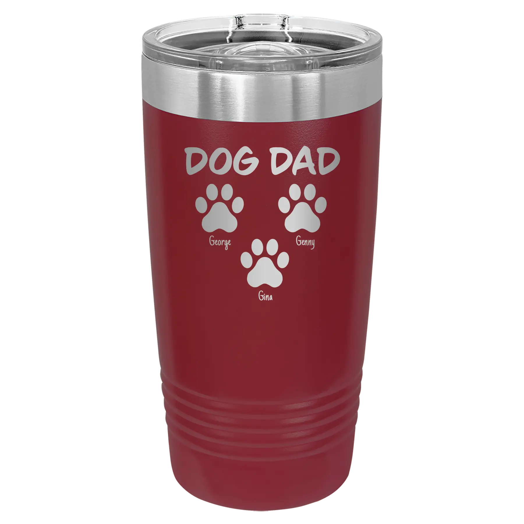 Personalized maroon 20 oz vacuum insulated tumbler with 'Cat Dog Mom Dad 3 paws' design