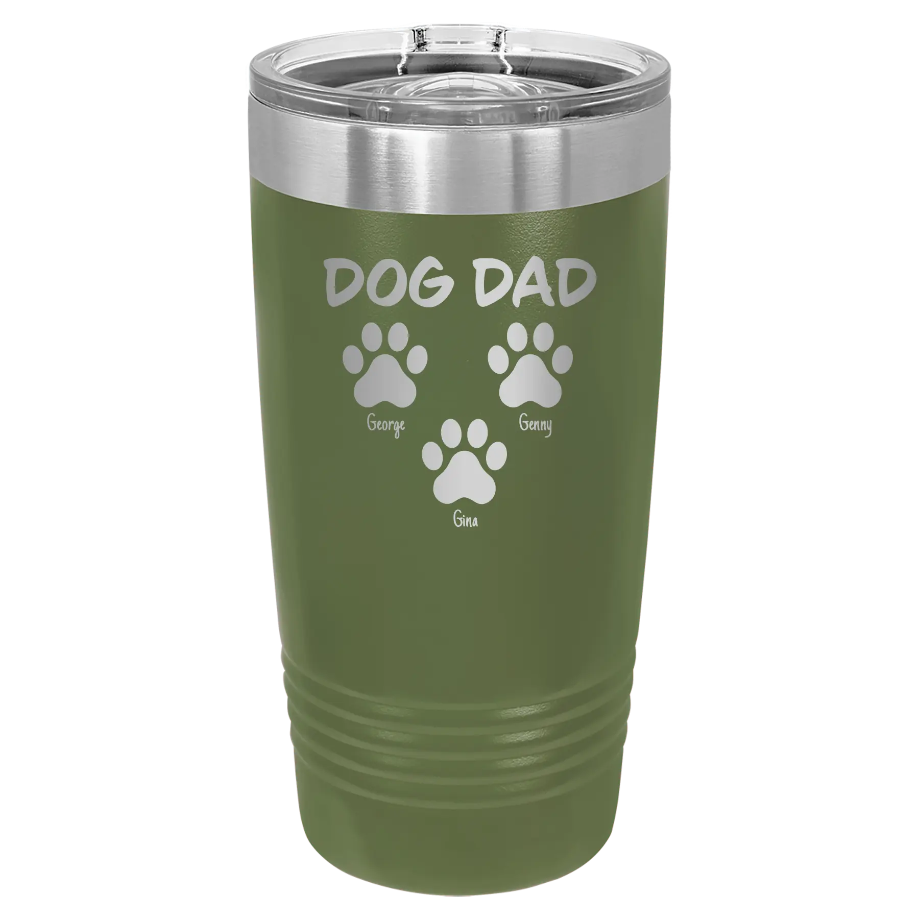 Personalized olive green 20 oz vacuum insulated tumbler with 'Cat Dog Mom Dad 3 paws' design