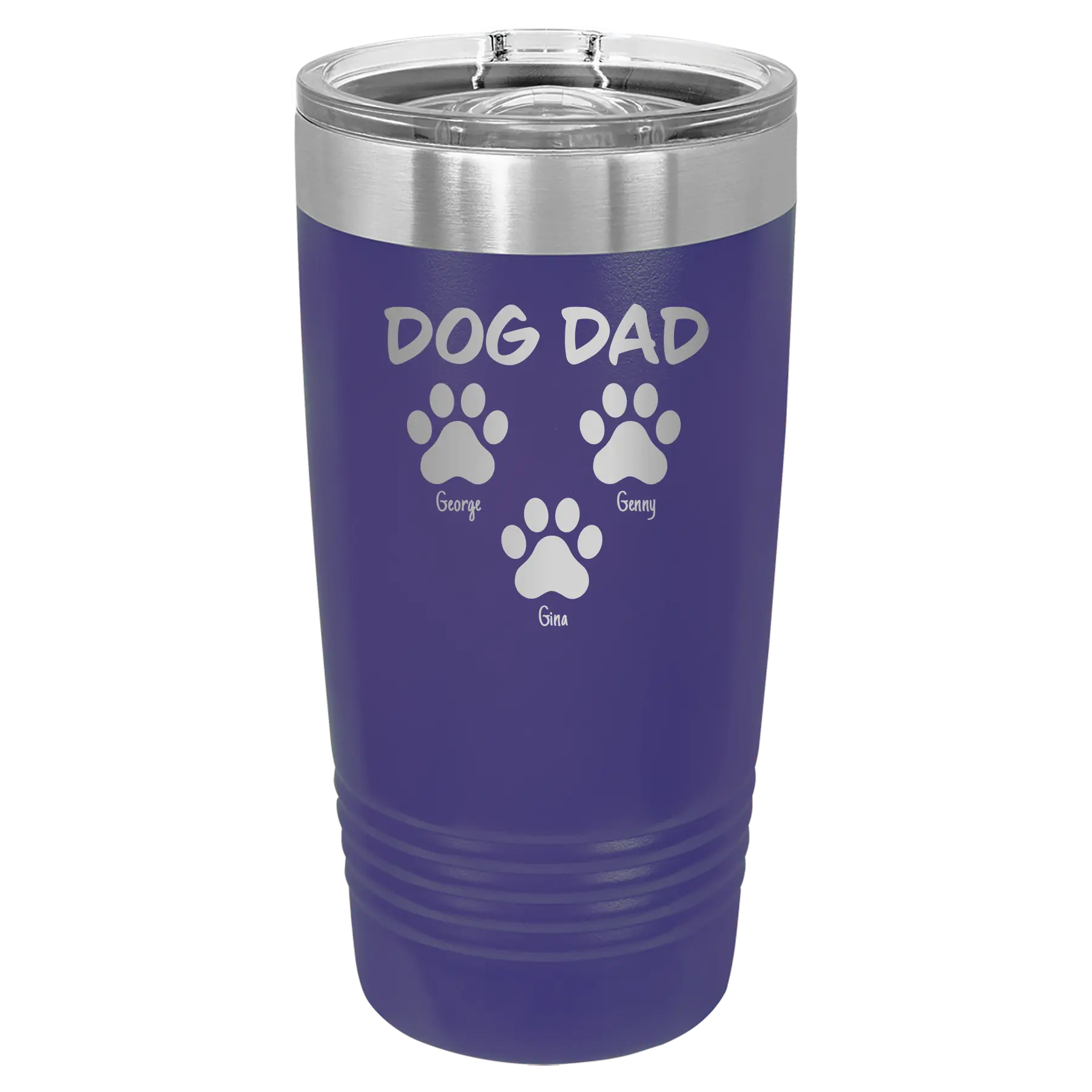 Personalized purple 20 oz vacuum insulated tumbler with 'Cat Dog Mom Dad 3 paws' design