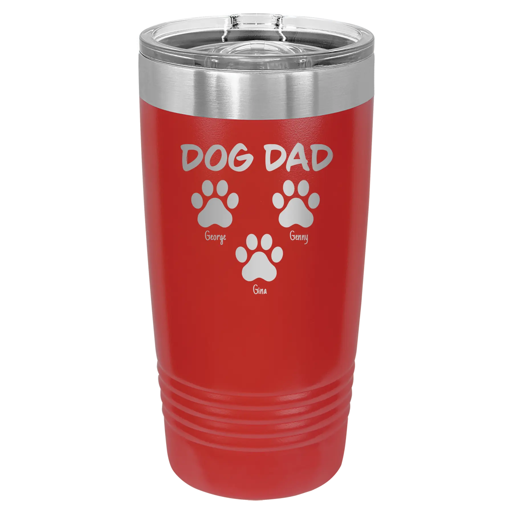 Personalized red 20 oz vacuum insulated tumbler with 'Cat Dog Mom Dad 3 paws' design