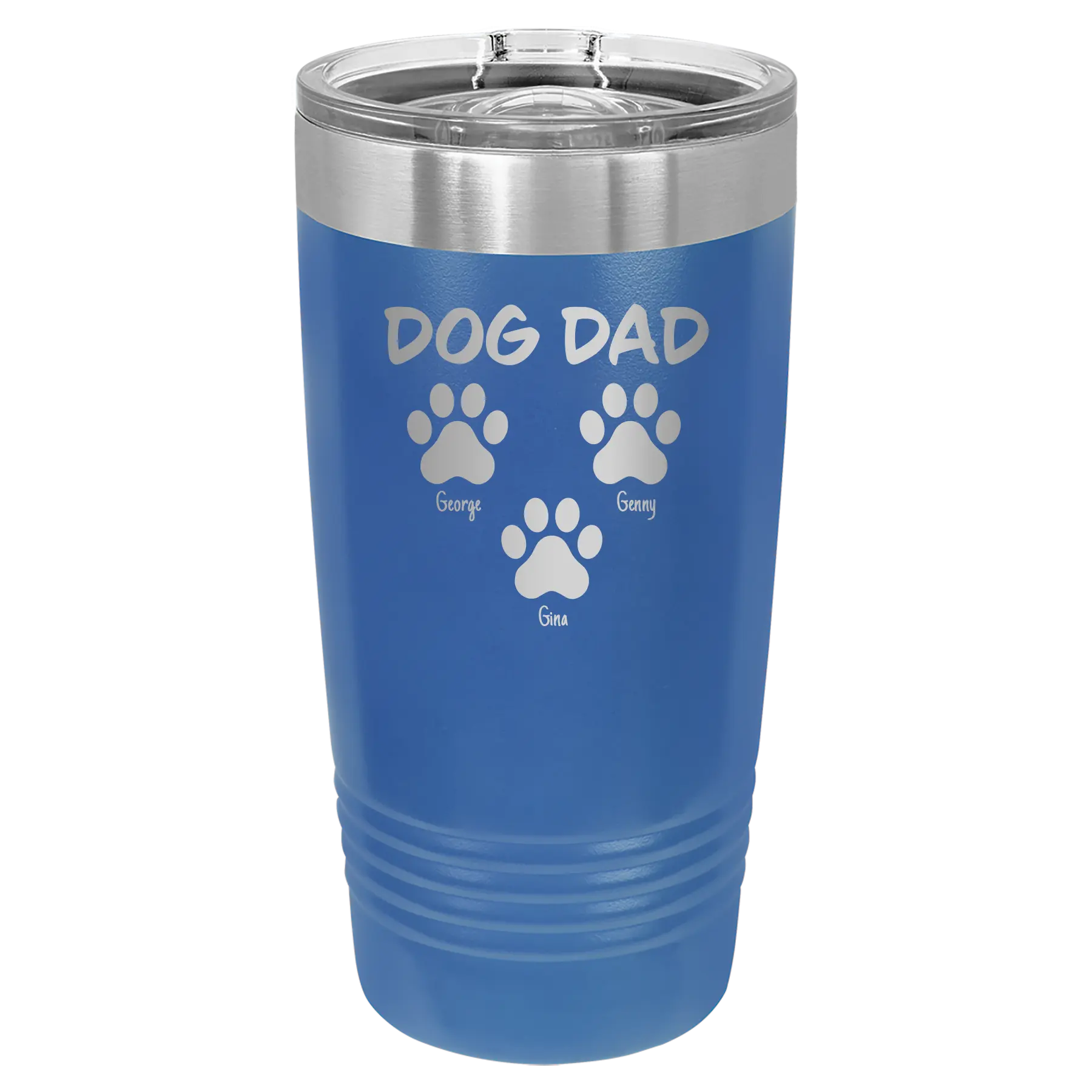 Personalized royal blue 20 oz vacuum insulated tumbler with 'Cat Dog Mom Dad 3 paws' design
