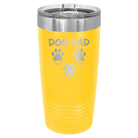 Personalized yellow 20 oz vacuum insulated tumbler with 'Cat Dog Mom Dad 3 paws' design