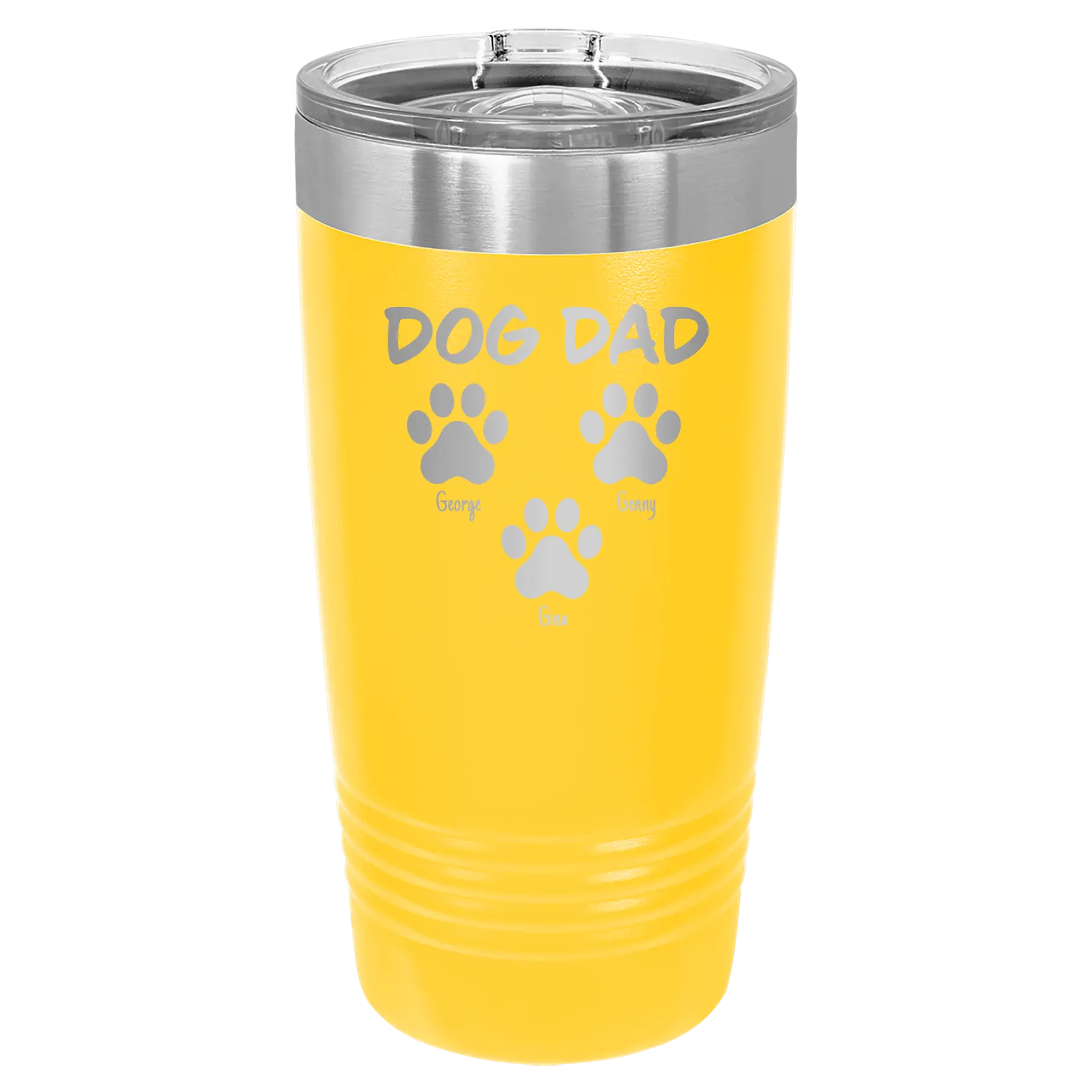 Personalized yellow 20 oz vacuum insulated tumbler with 'Cat Dog Mom Dad 3 paws' design