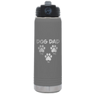 Personalized dark gray 20 oz vacuum insulated water bottle with 'Cat Dog Mom Dad 3 paws' design