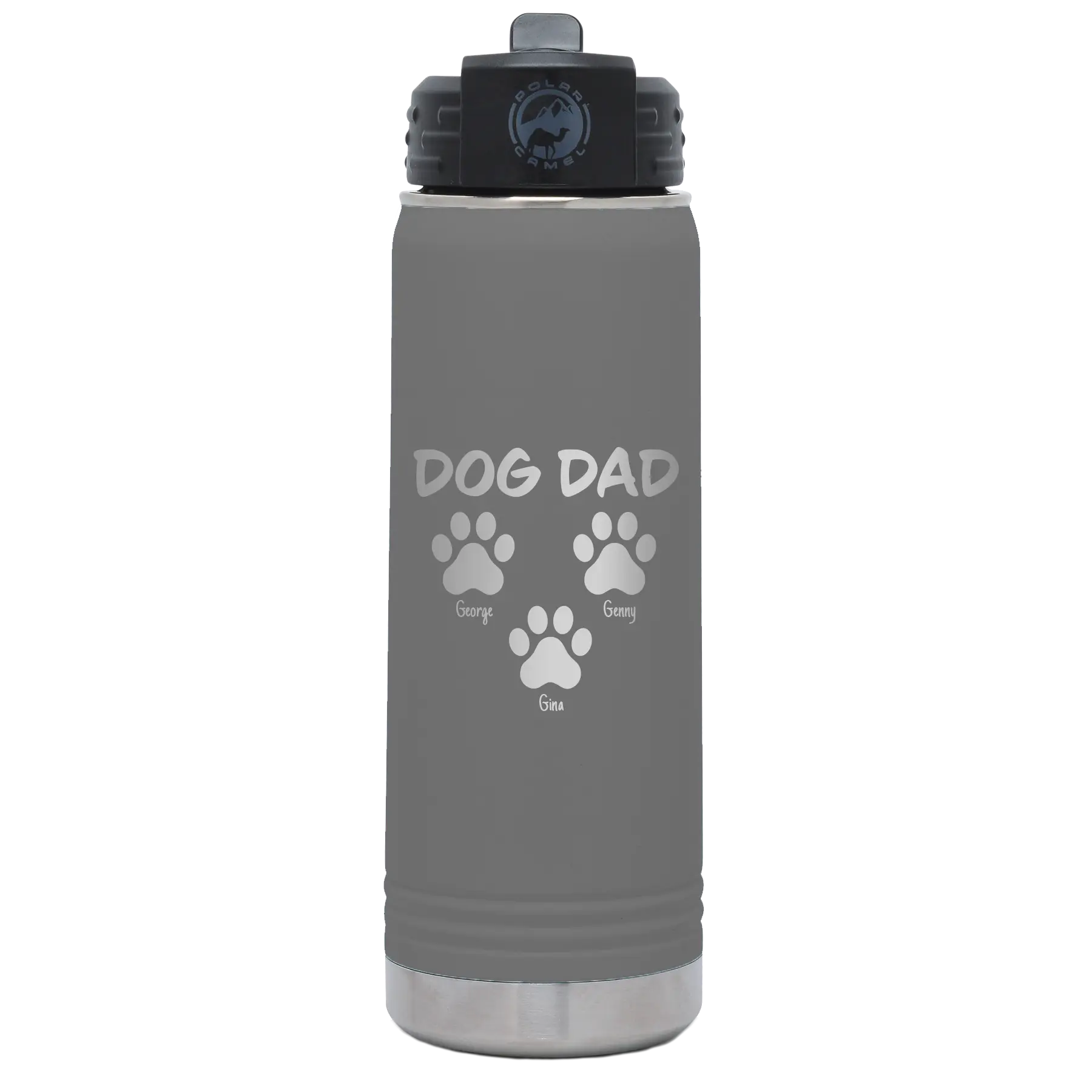 Personalized dark gray 20 oz vacuum insulated water bottle with 'Cat Dog Mom Dad 3 paws' design