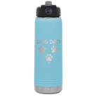 Personalized light blue 20 oz vacuum insulated water bottle with 'Cat Dog Mom Dad 3 paws' design