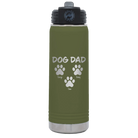 Personalized olive green 20 oz vacuum insulated water bottle with 'Cat Dog Mom Dad 3 paws' design