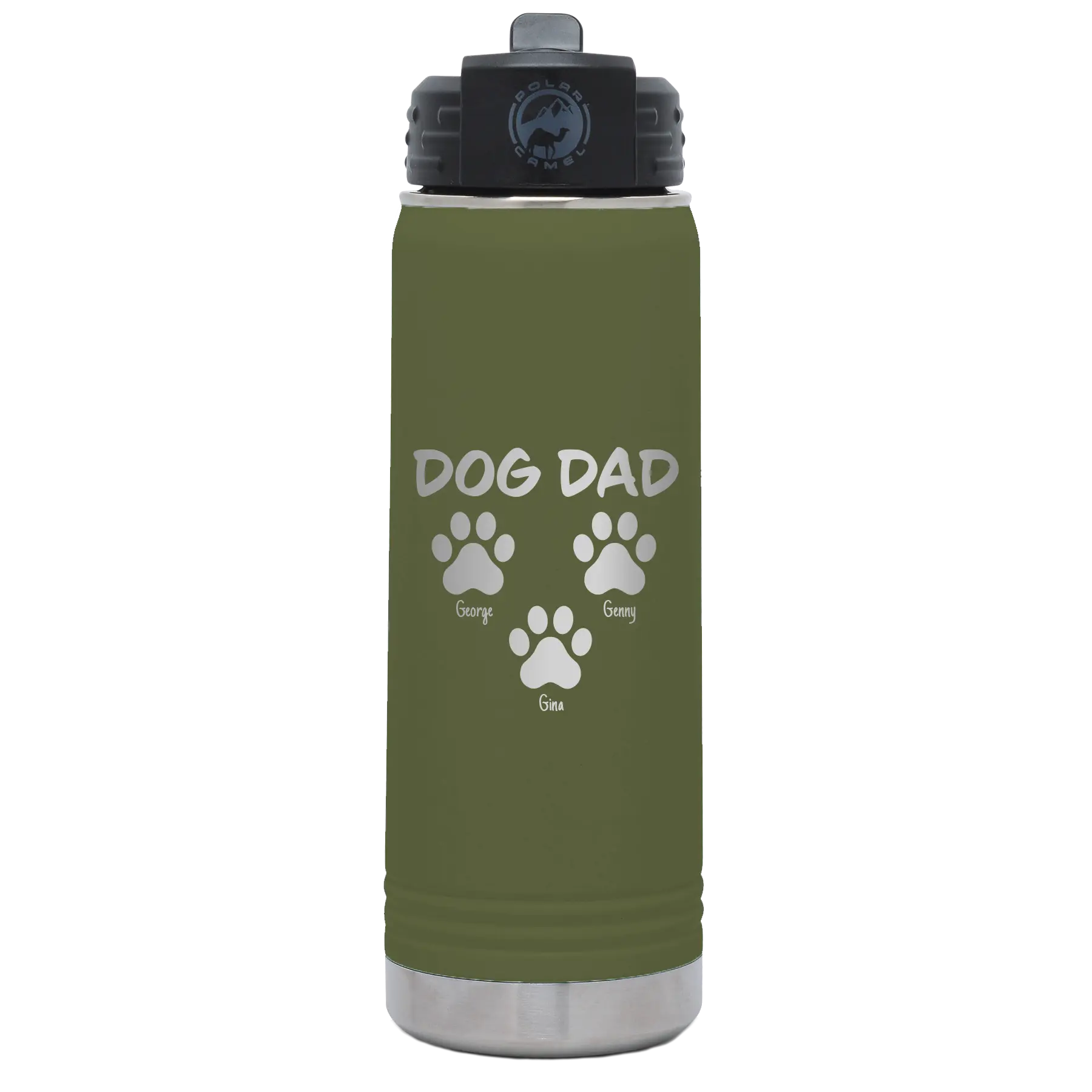 Personalized olive green 20 oz vacuum insulated water bottle with 'Cat Dog Mom Dad 3 paws' design