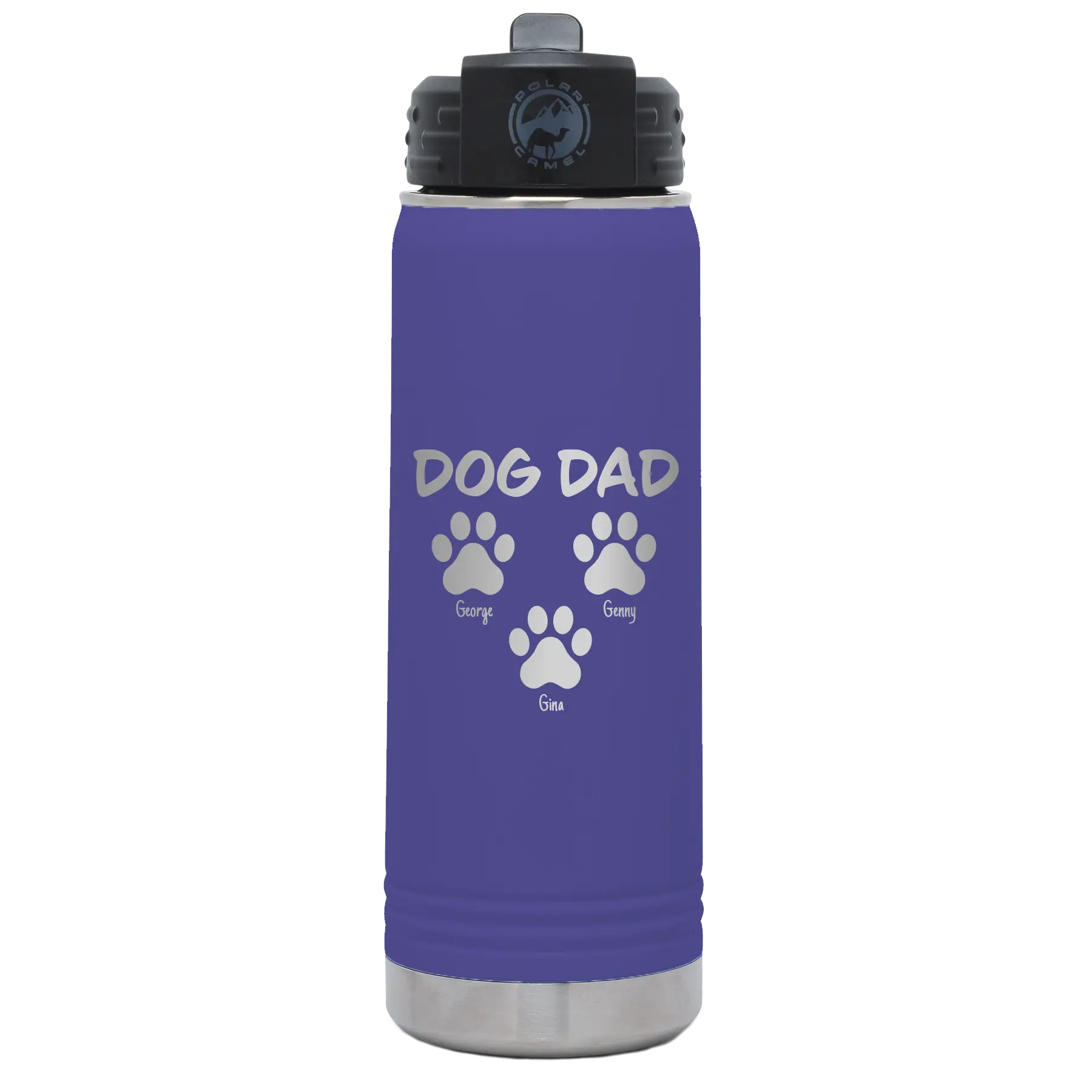 Personalized purple 20 oz vacuum insulated water bottle with 'Cat Dog Mom Dad 3 paws' design