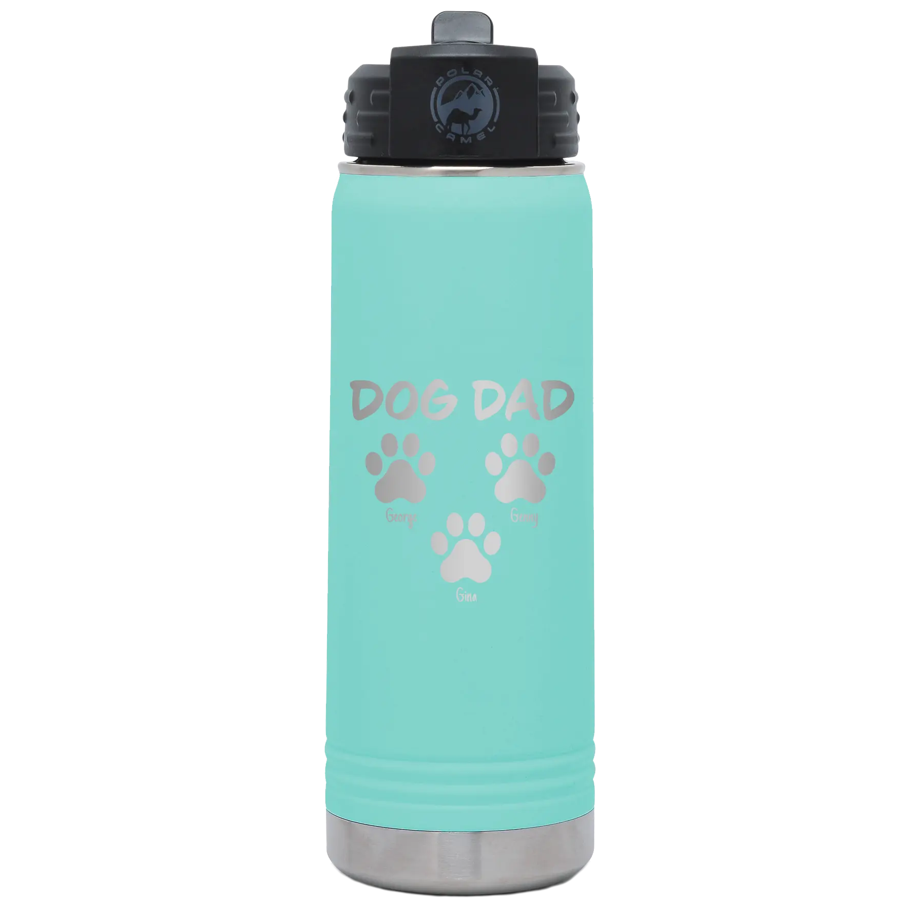 Personalized teal 20 oz vacuum insulated water bottle with 'Cat Dog Mom Dad 3 paws' design