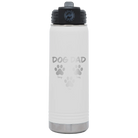 Personalized white 20 oz vacuum insulated water bottle with 'Cat Dog Mom Dad 3 paws' design