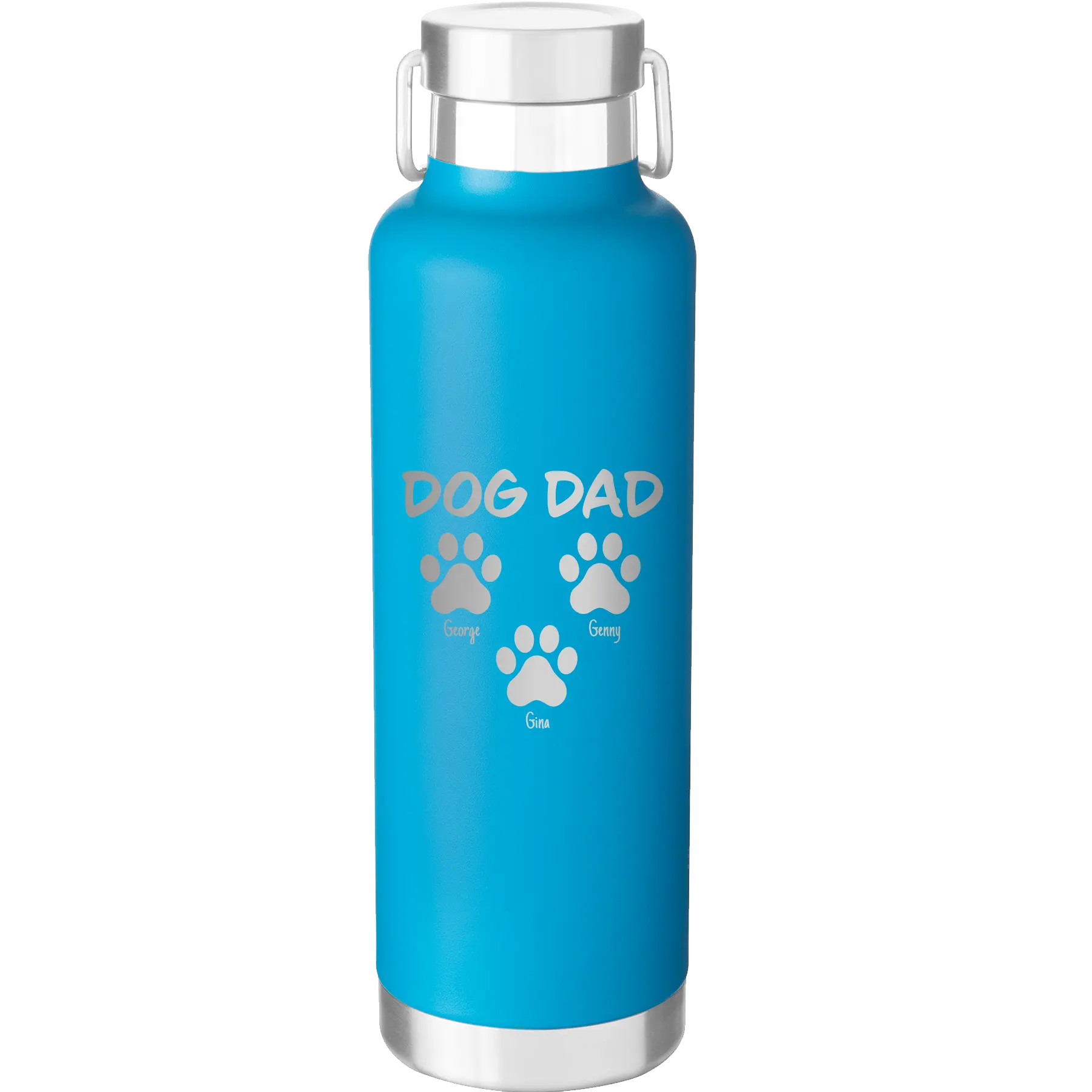 Personalized aqua 24 oz vacuum insulated water bottle with 'Cat Dog Mom Dad 3 paws' design